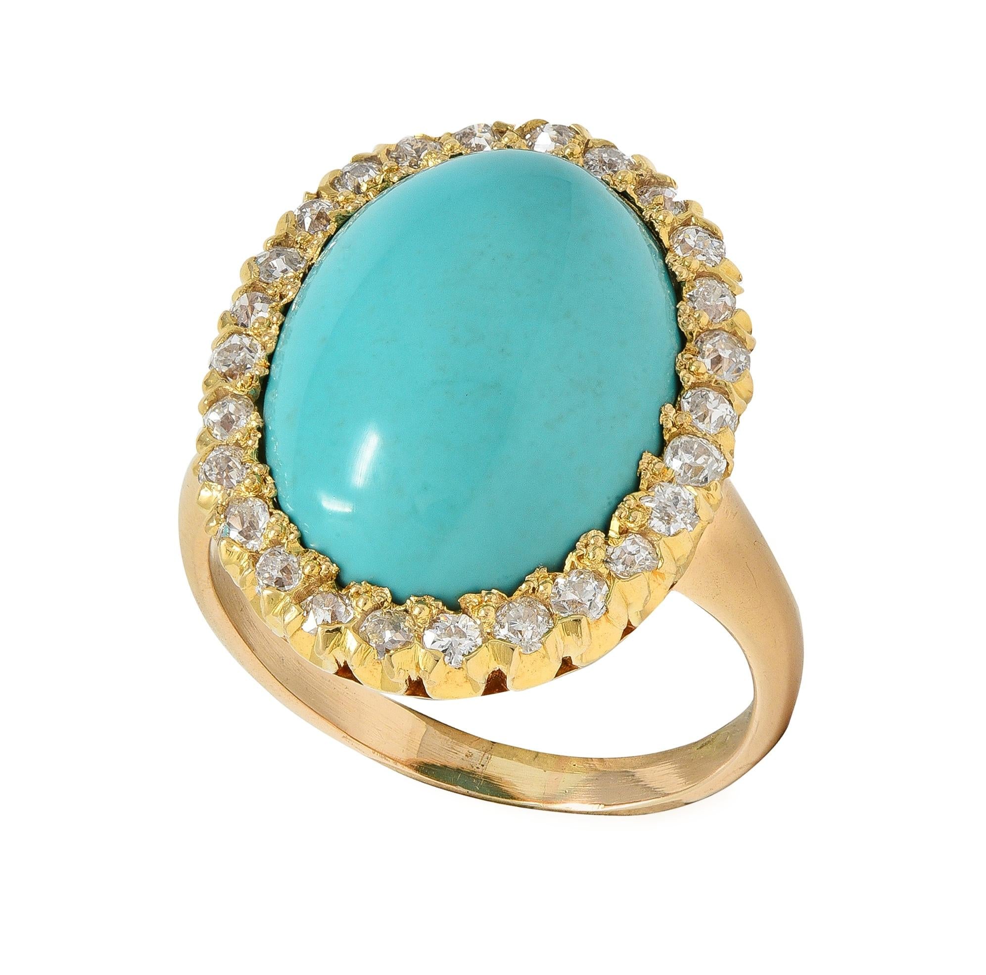 Victorian Antique Turquoise Diamond 14 Karat Yellow Gold Halo Ring