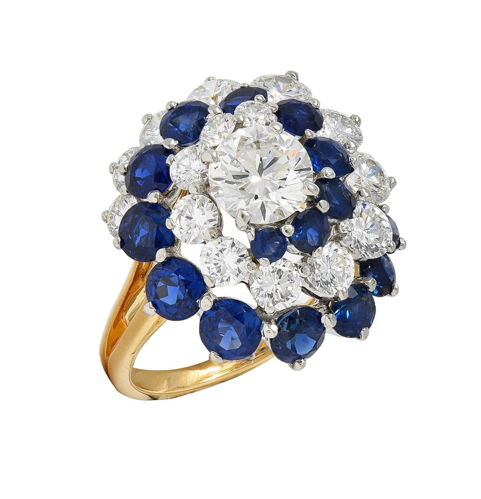 5.85 CTW Sapphire Diamond Platinum 18K Gold Vintage Spiral Cluster Ring