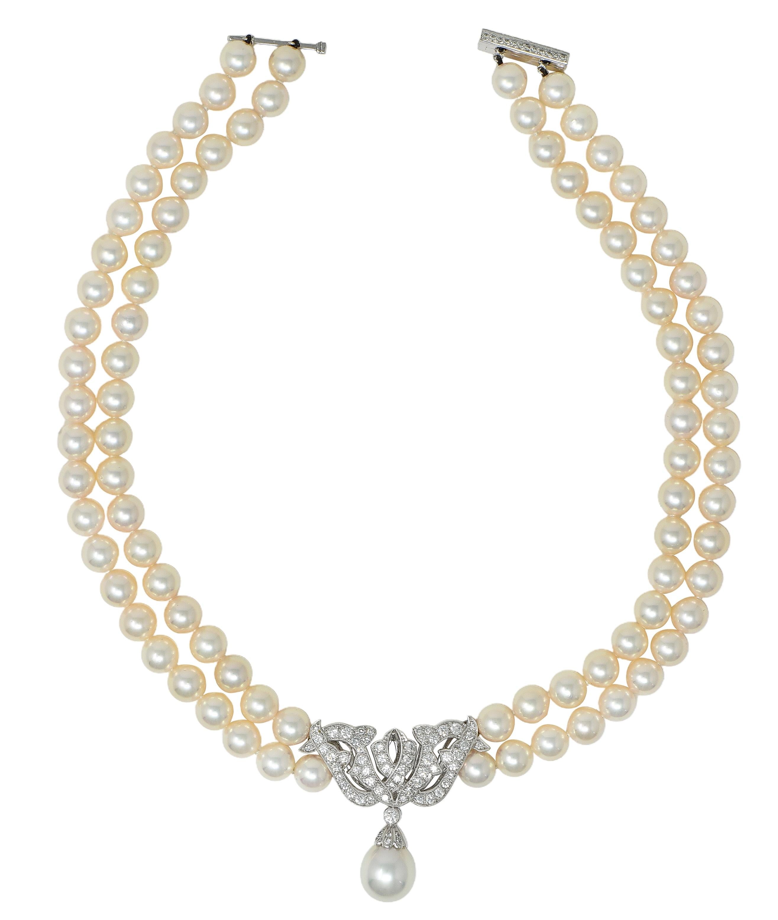 Mikimoto Pearl Diamond Platinum Vintage Multi-Strand Statement Station Necklace