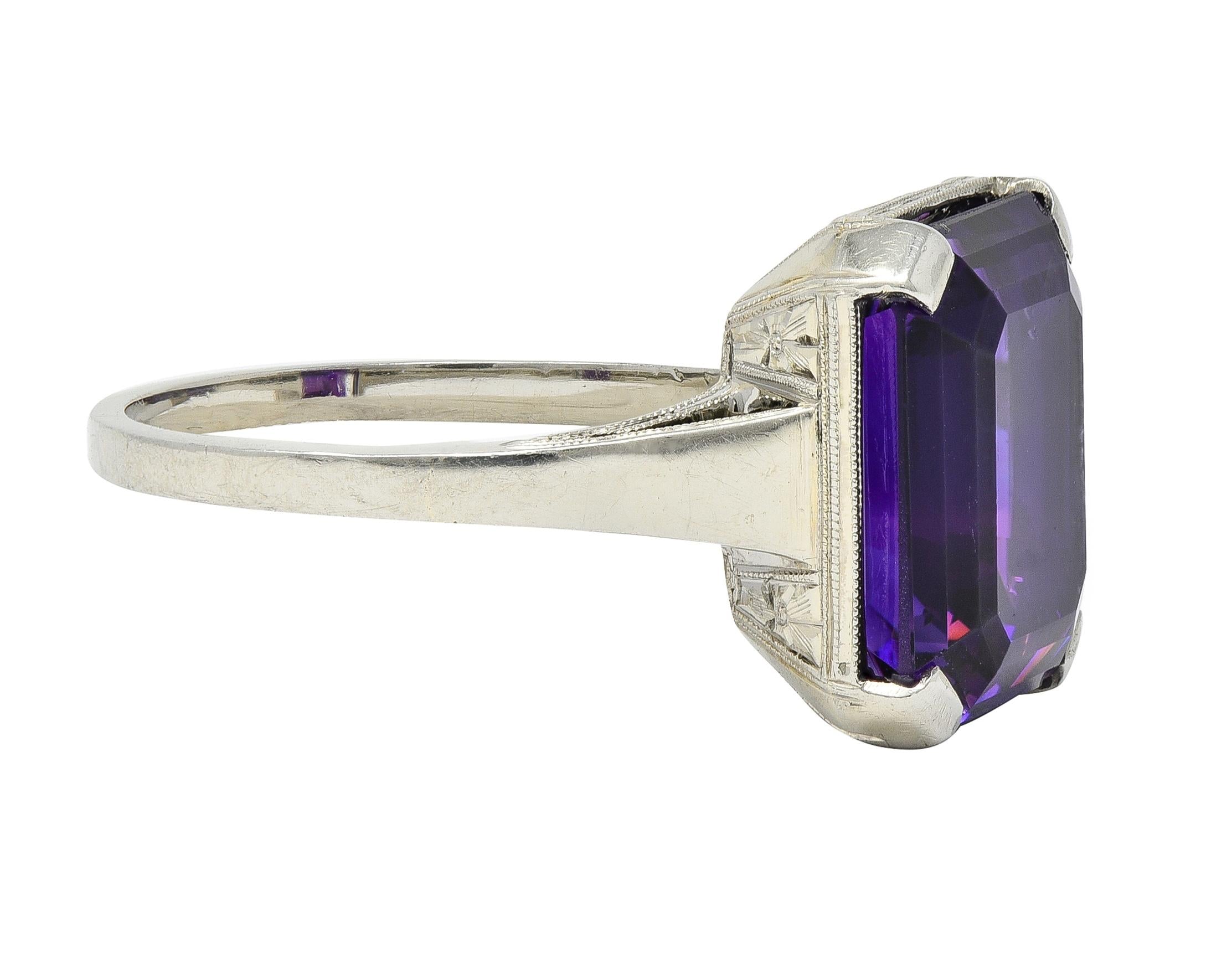 Art Deco 9.34 CTW Amethyst 18 Karat White Gold Vintage Wheat Cocktail Ring