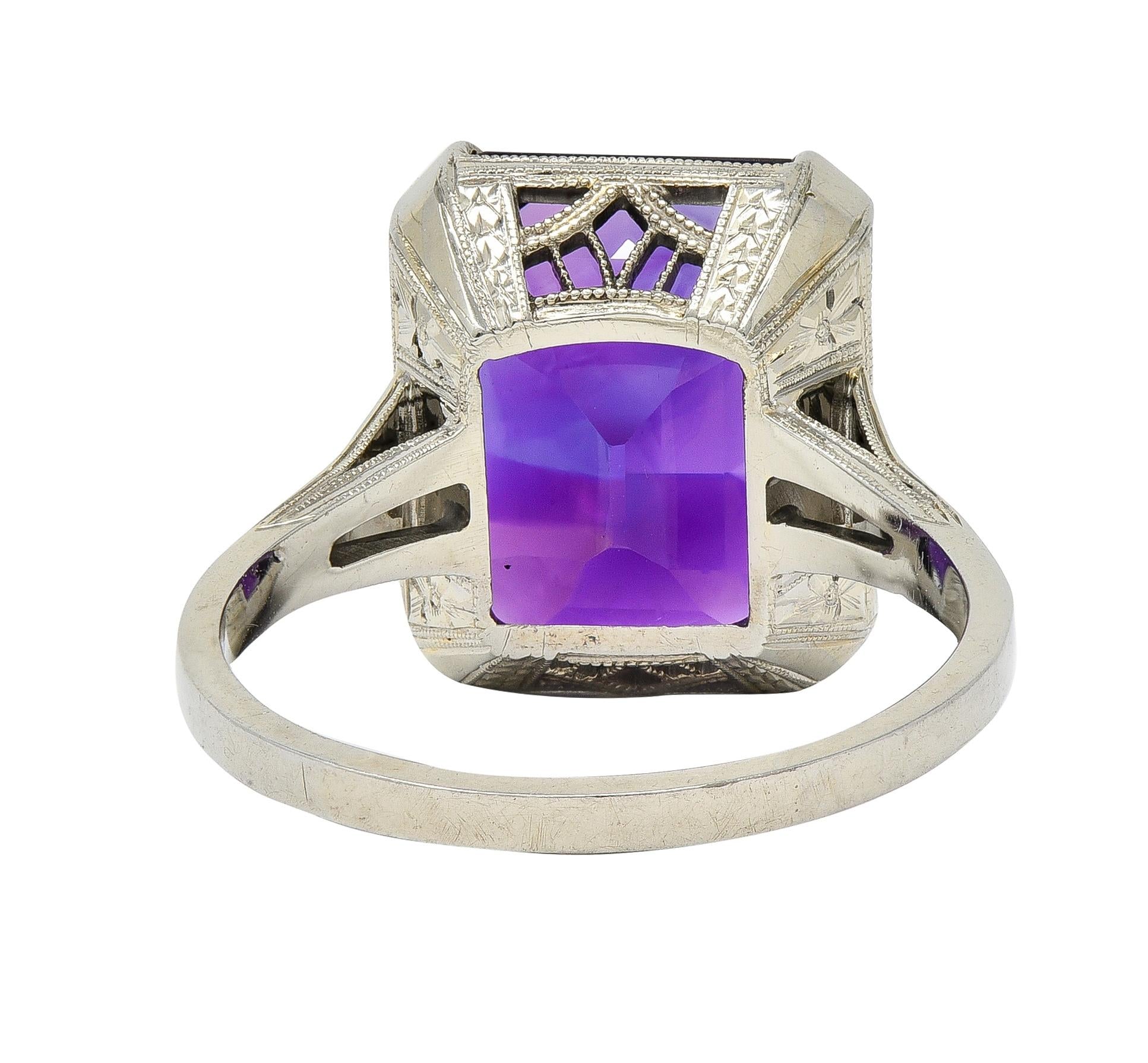Art Deco 9.34 CTW Amethyst 18 Karat White Gold Vintage Wheat Cocktail Ring