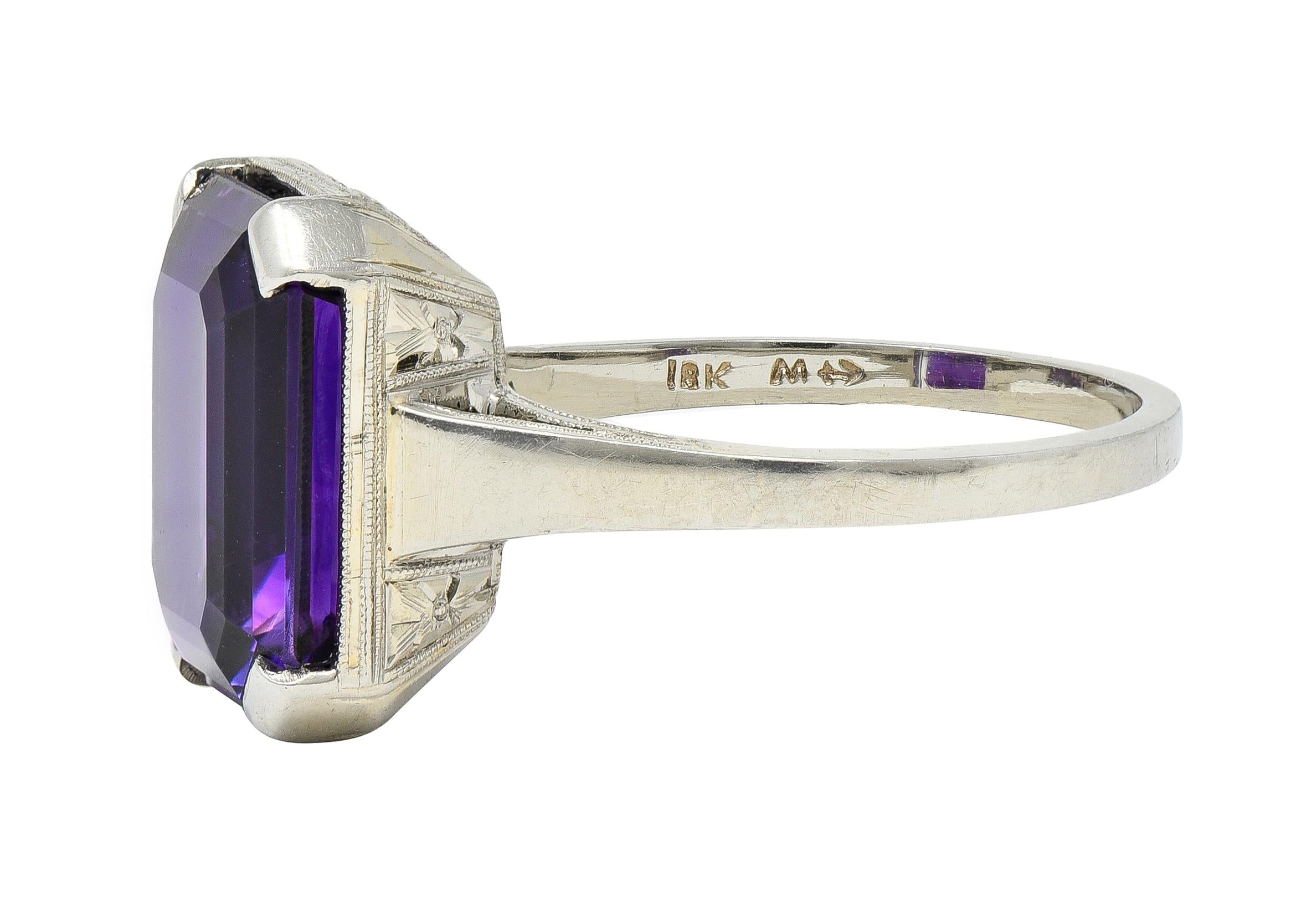 Art Deco 9.34 CTW Amethyst 18 Karat White Gold Vintage Wheat Cocktail Ring
