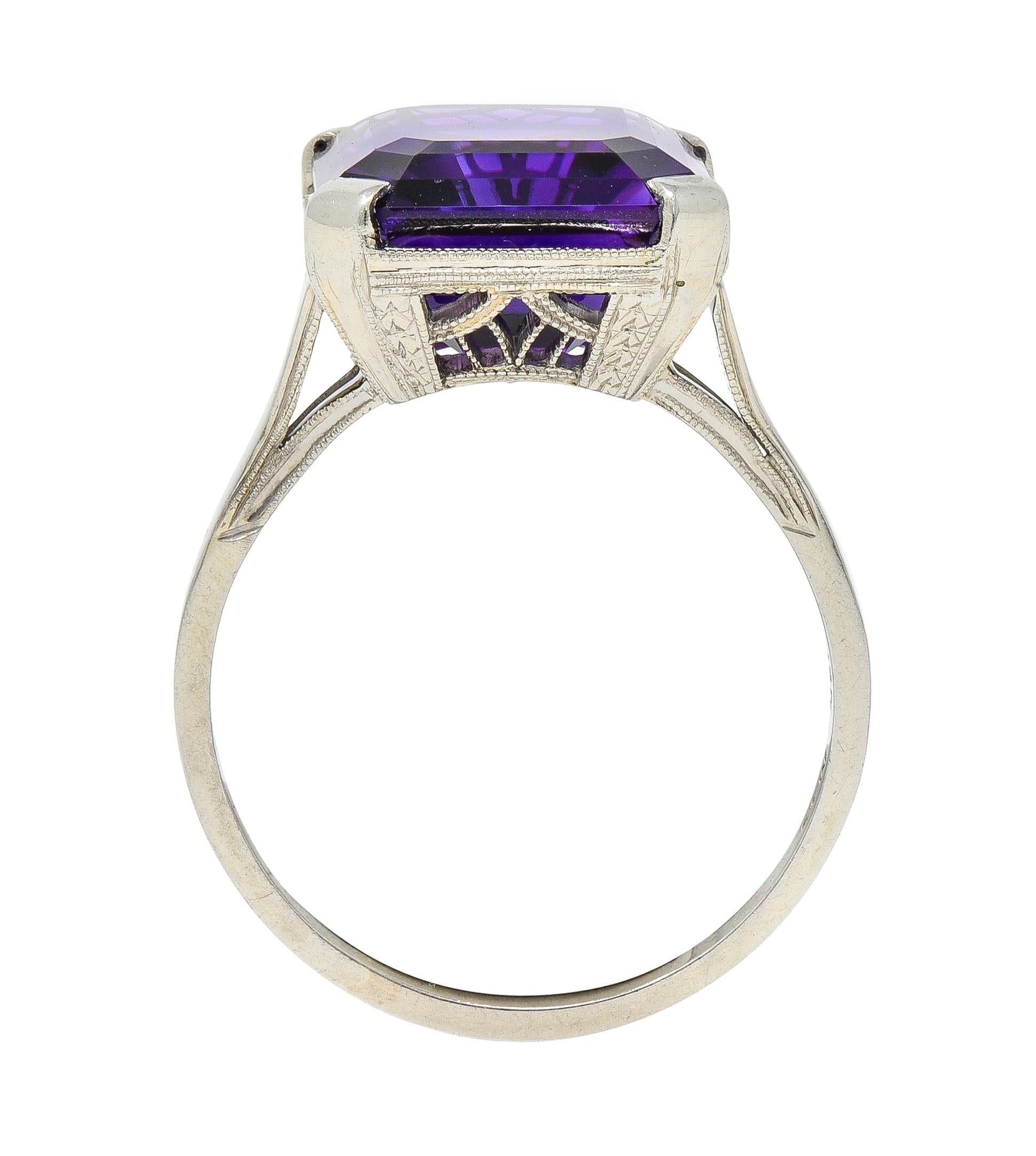Art Deco 9.34 CTW Amethyst 18 Karat White Gold Vintage Wheat Cocktail Ring