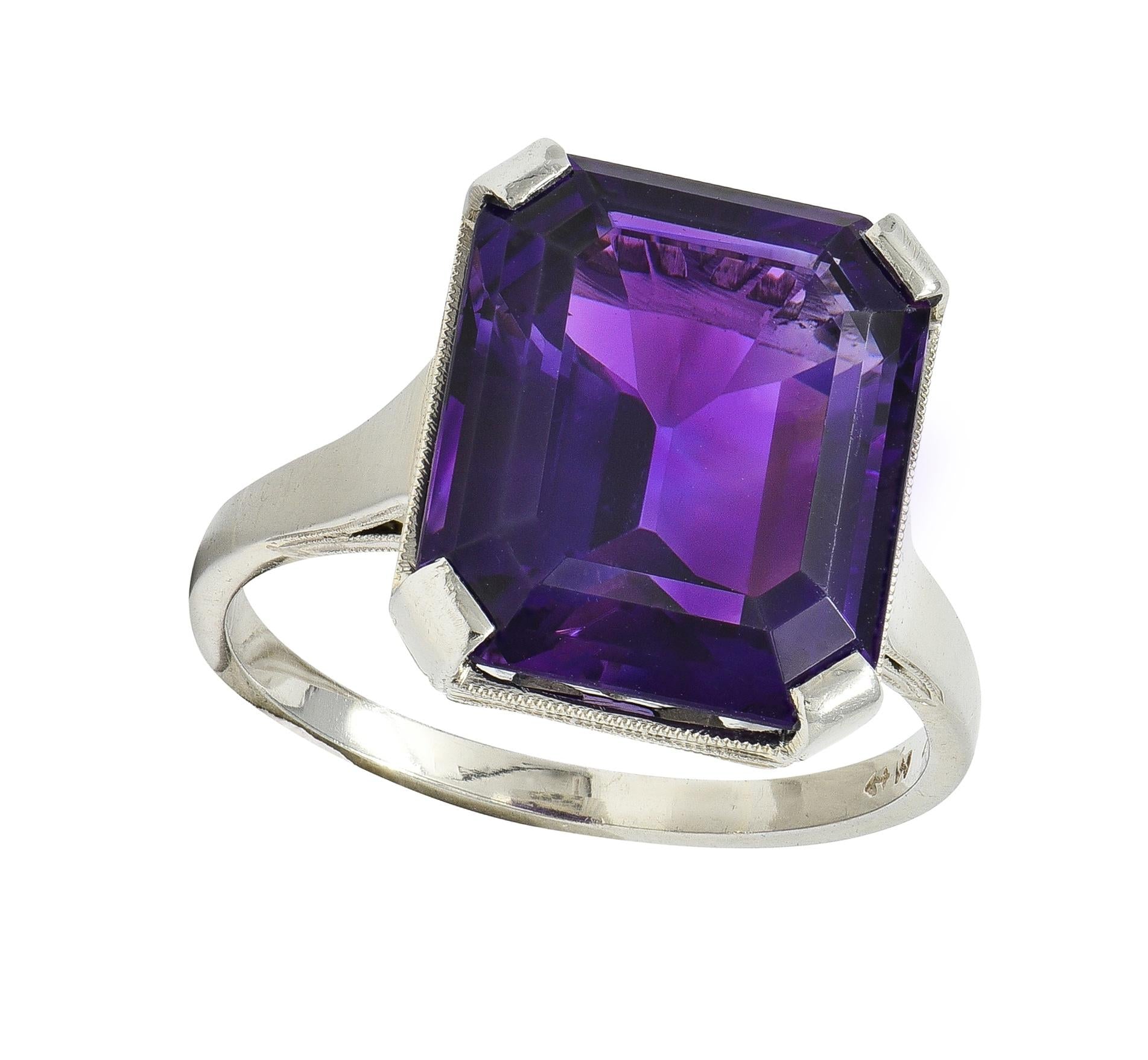 Art Deco 9.34 CTW Amethyst 18 Karat White Gold Vintage Wheat Cocktail Ring