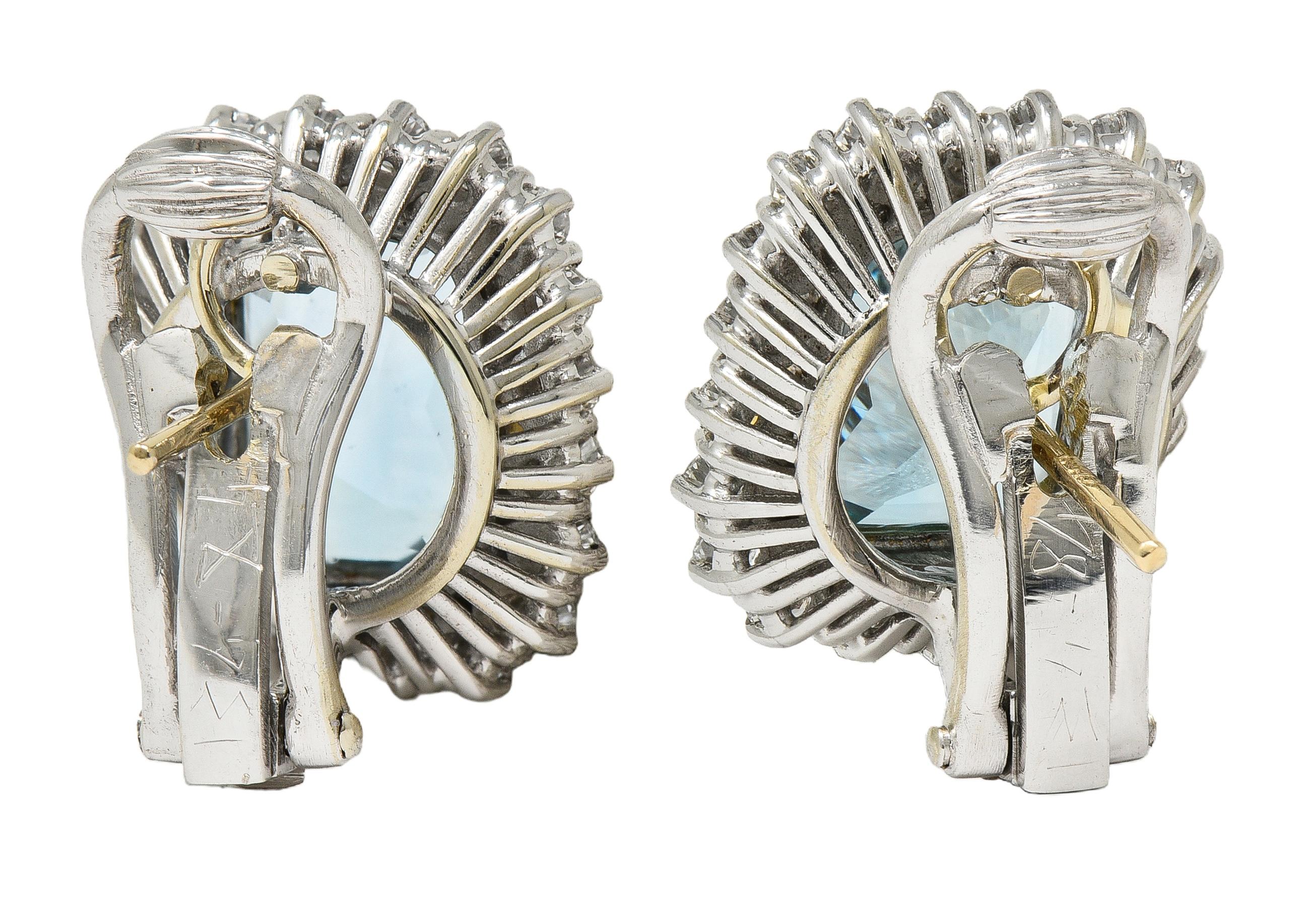 Contemporary Aquamarine Diamond 10.00 CTW 18 Karat Two-Tone Gold Halo Earrings