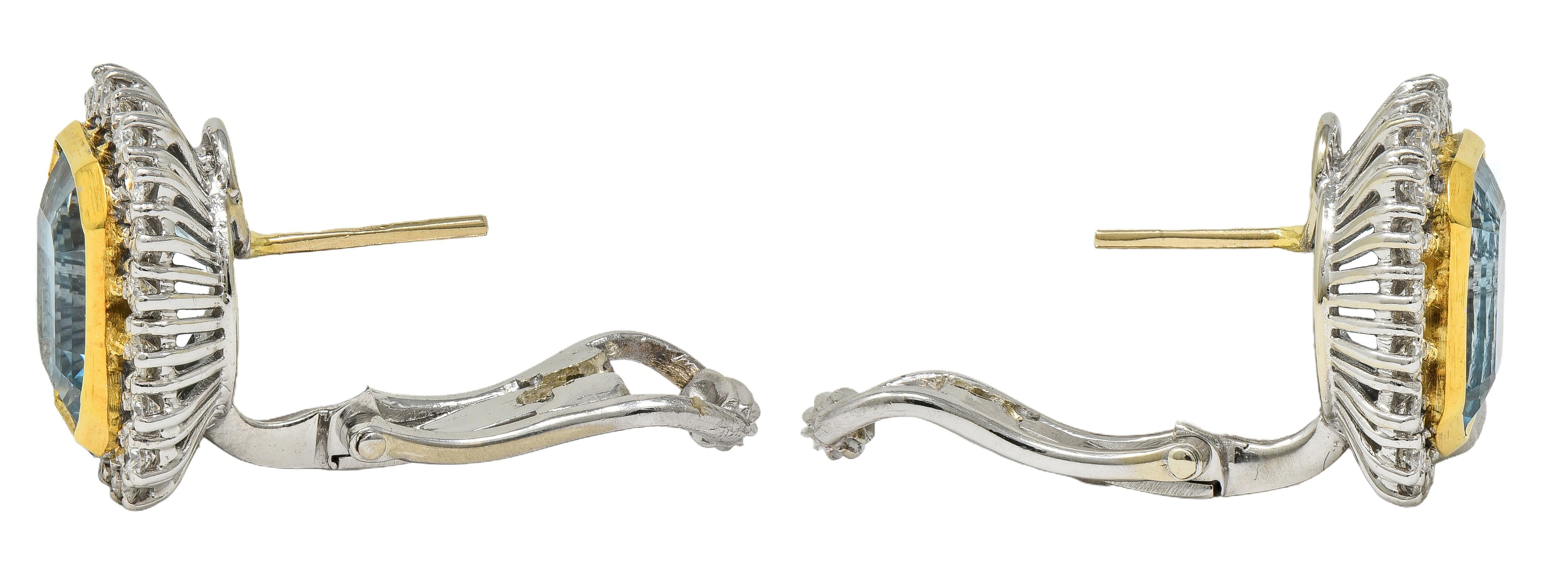 Contemporary Aquamarine Diamond 10.00 CTW 18 Karat Two-Tone Gold Halo Earrings