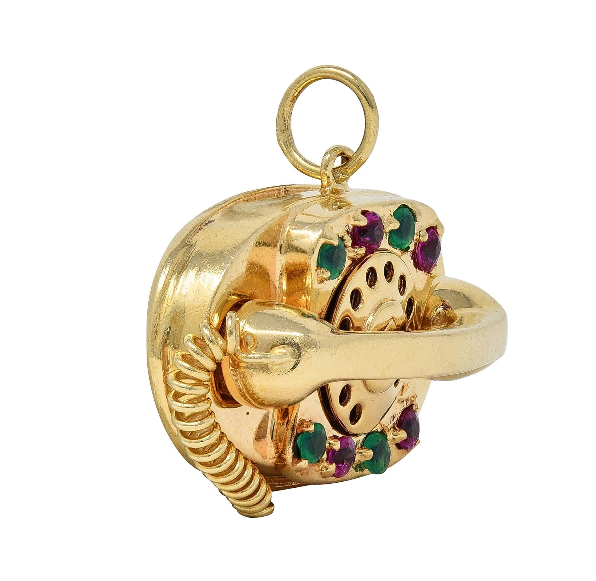 1960's Multi-Gem 14 Karat Yellow Gold Vintage Rotary Phone Pendant Charm