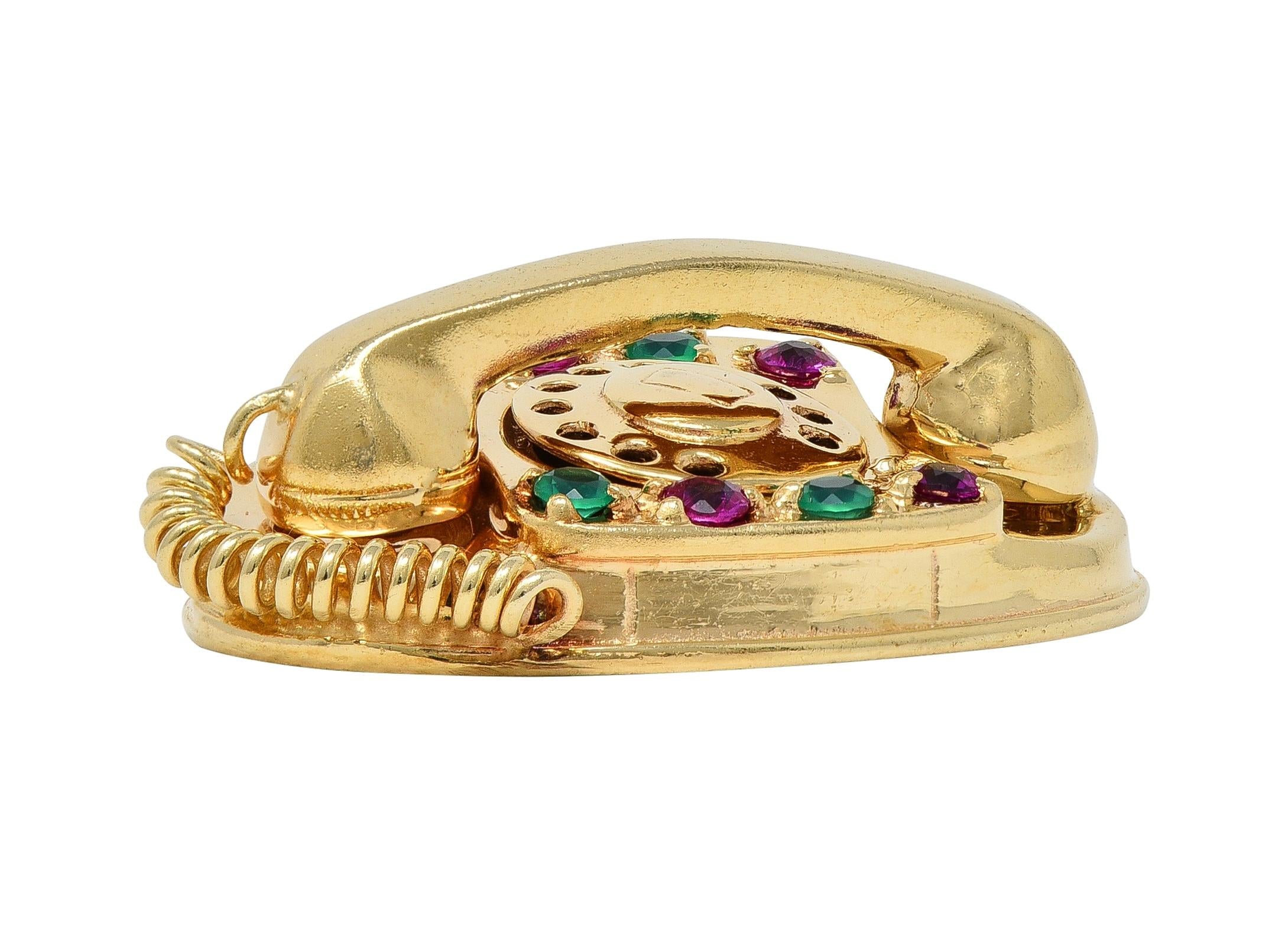 1960's Multi-Gem 14 Karat Yellow Gold Vintage Rotary Phone Pendant Charm