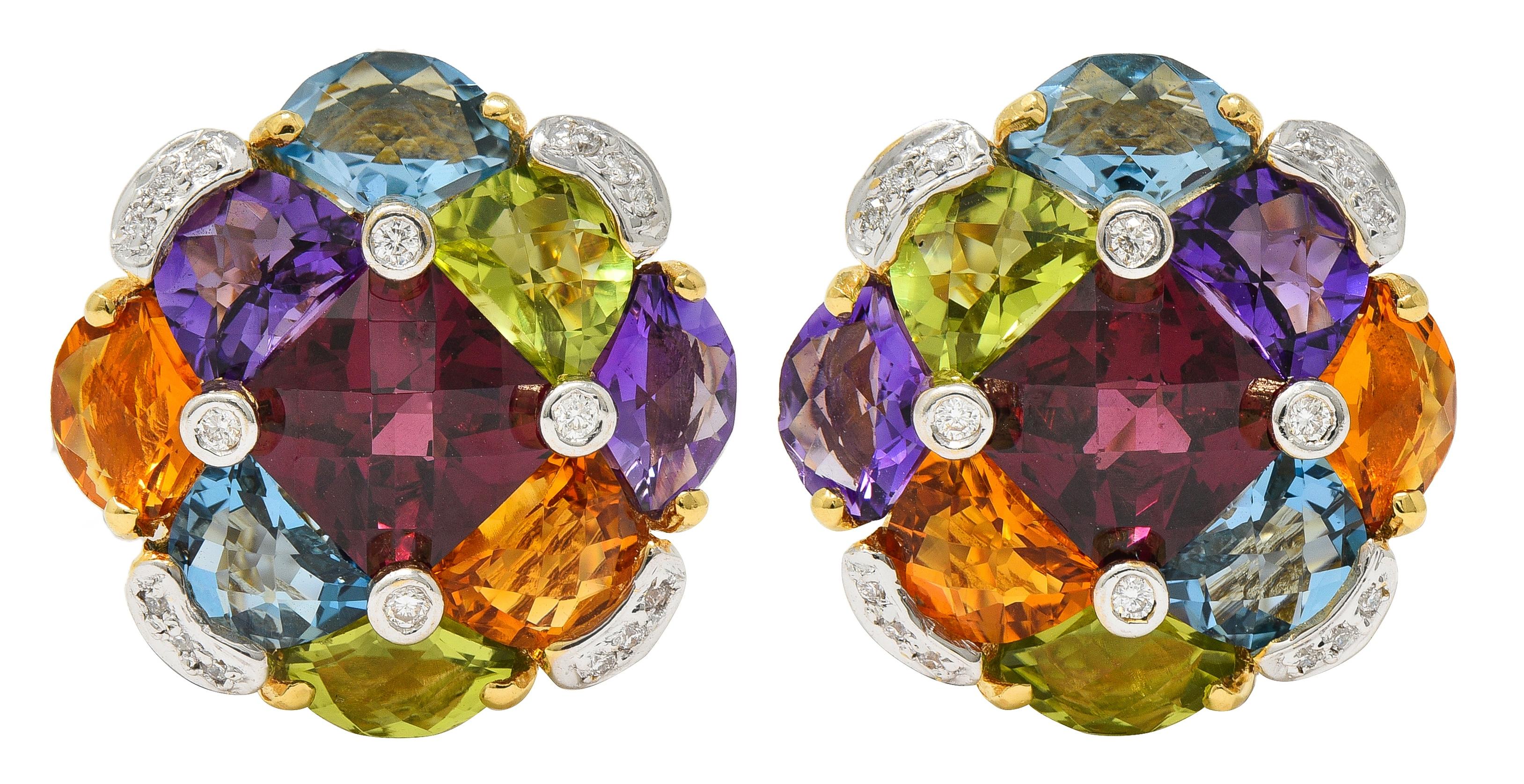 Contemporary Multi-Gem Diamond 18K Gold Checkerboard Cluster Ear-Clip Earrings