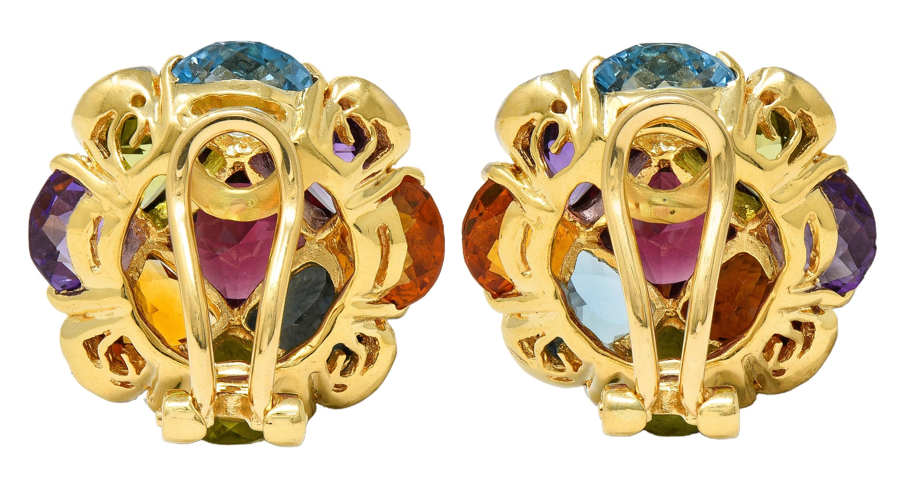 Contemporary Multi-Gem Diamond 18K Gold Checkerboard Cluster Ear-Clip Earrings