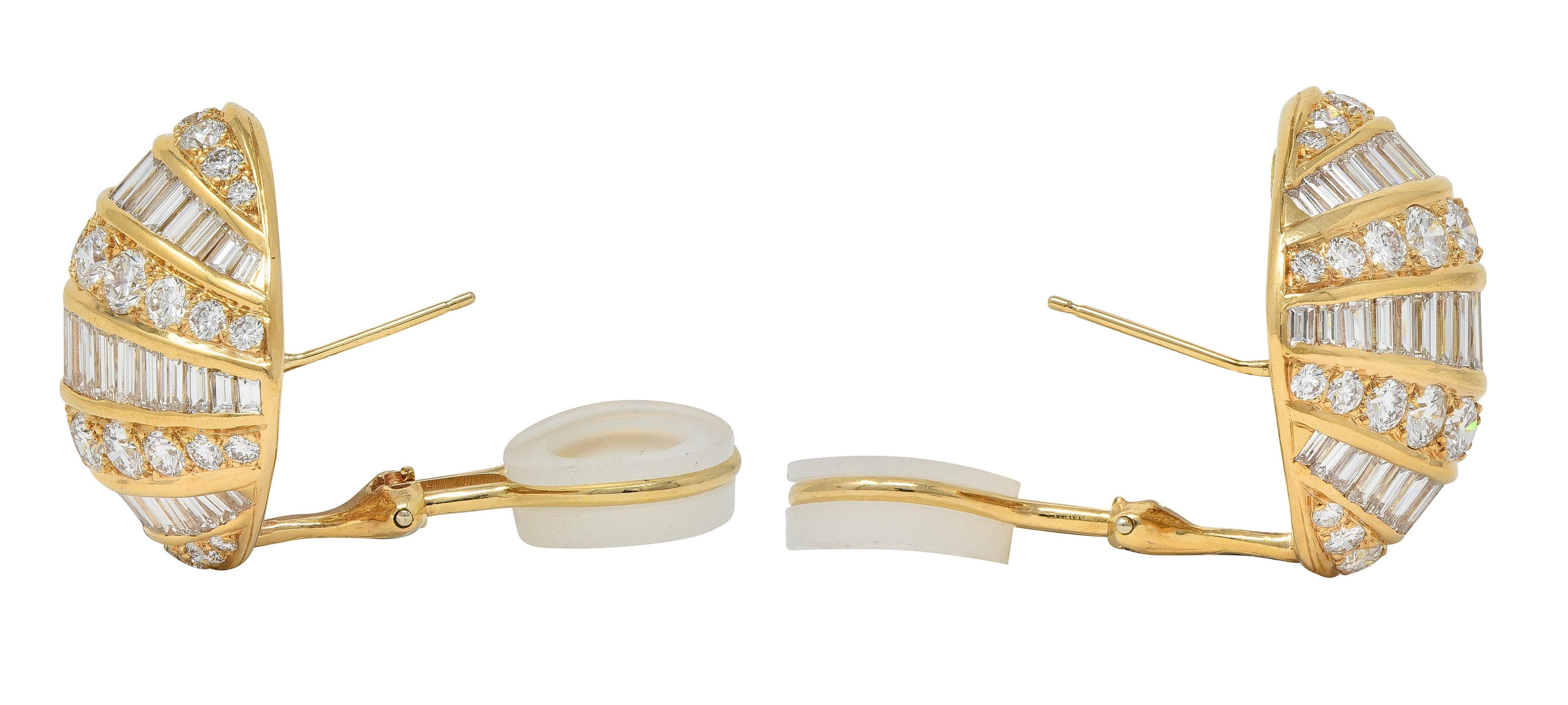 1980's Round Baguette Diamond 18 Karat Yellow Gold Domed Vintage Earrings