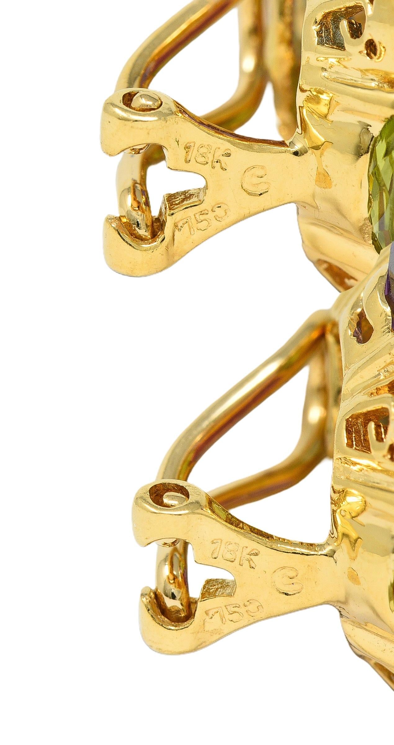 Contemporary Multi-Gem Diamond 18K Gold Checkerboard Cluster Ear-Clip Earrings