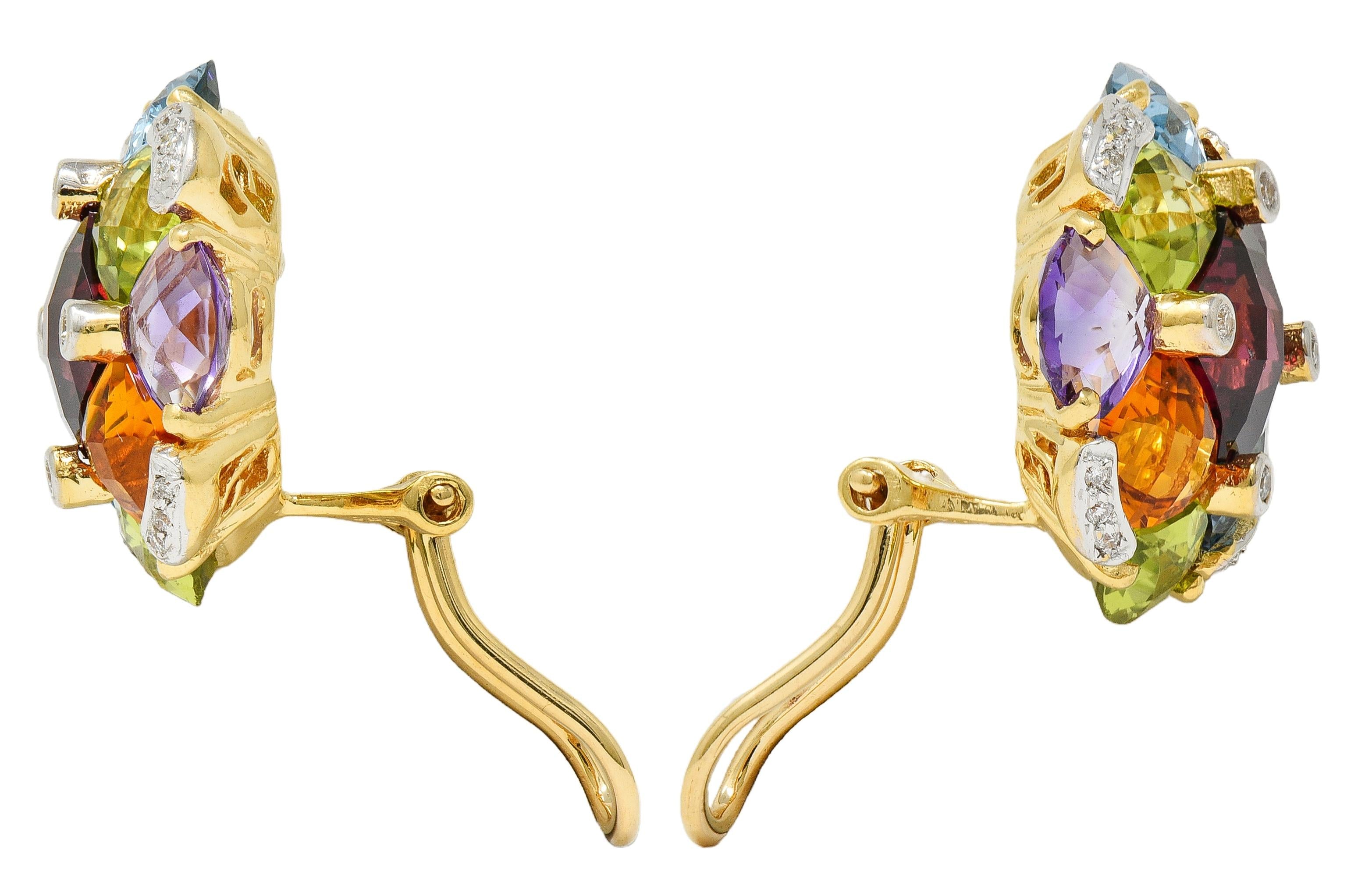 Contemporary Multi-Gem Diamond 18K Gold Checkerboard Cluster Ear-Clip Earrings