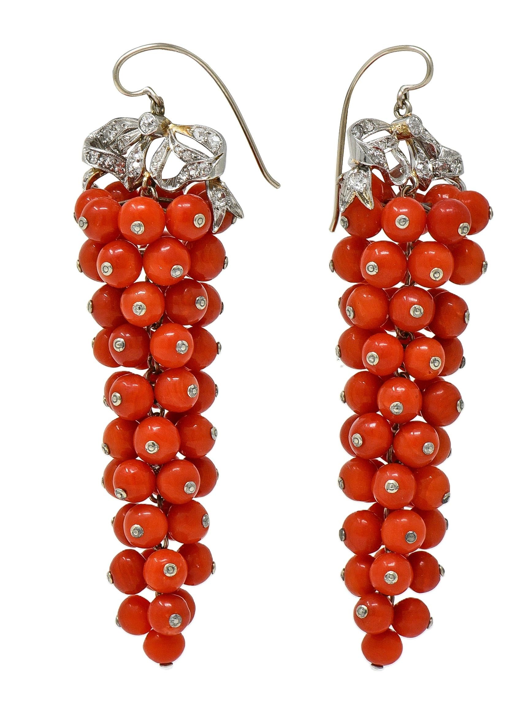 Belle Époque Diamond Coral Bead Platinum Antique Grape Drop Earrings