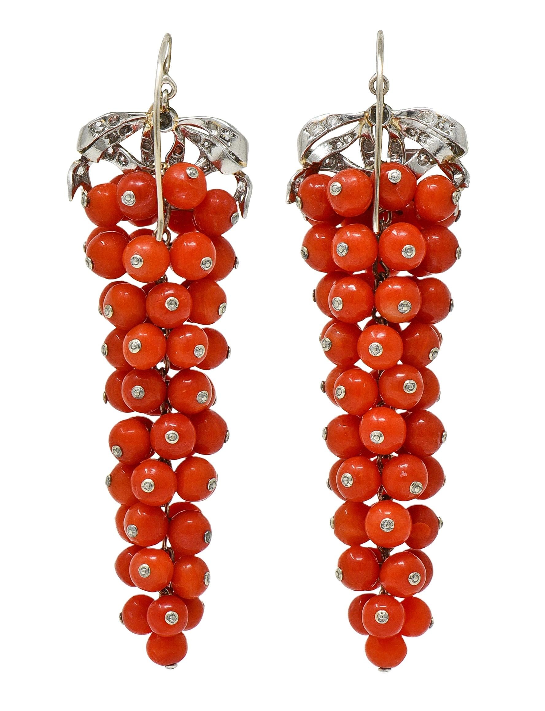 Belle Époque Diamond Coral Bead Platinum Antique Grape Drop Earrings