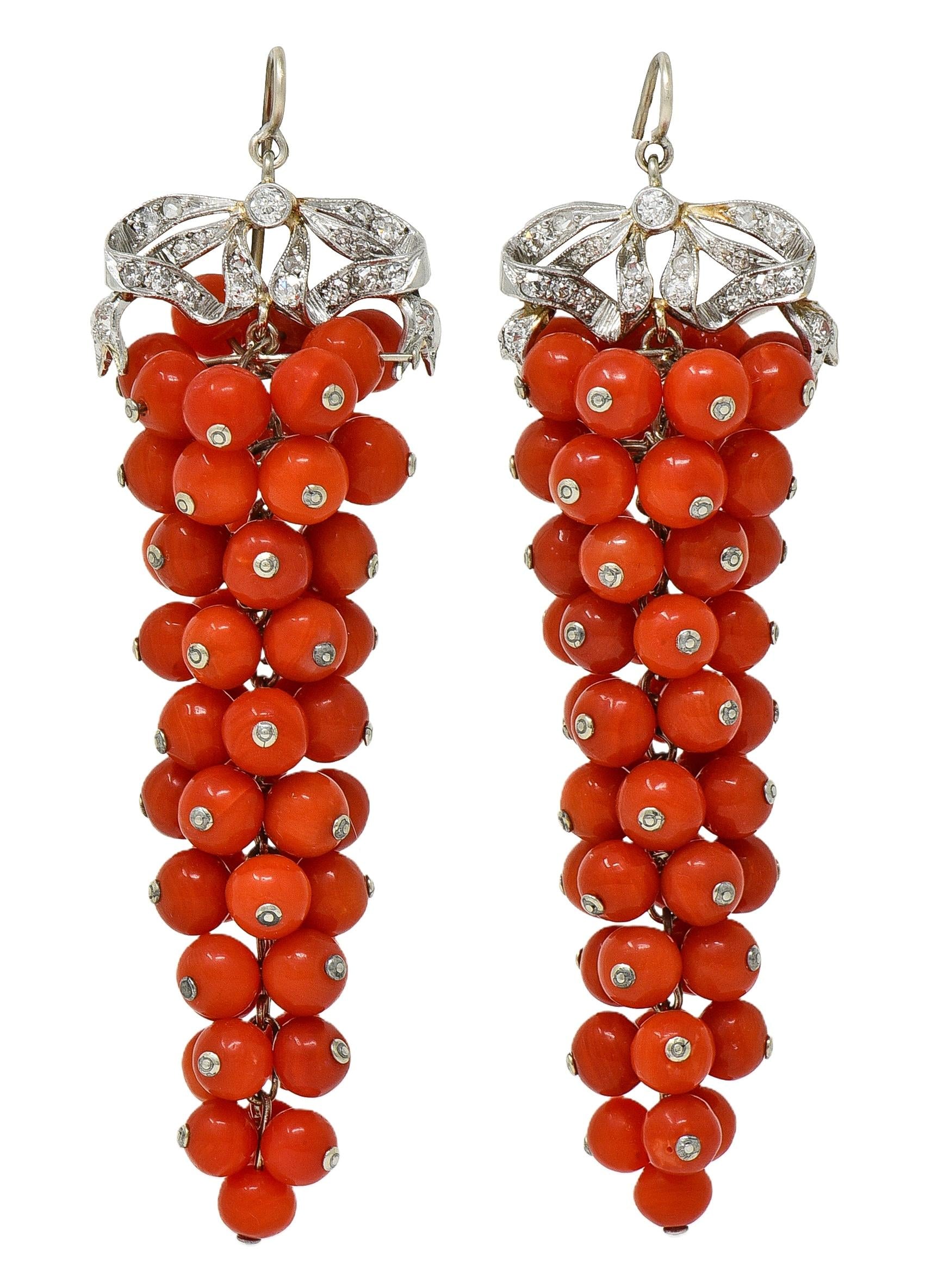 Belle Époque Diamond Coral Bead Platinum Antique Grape Drop Earrings