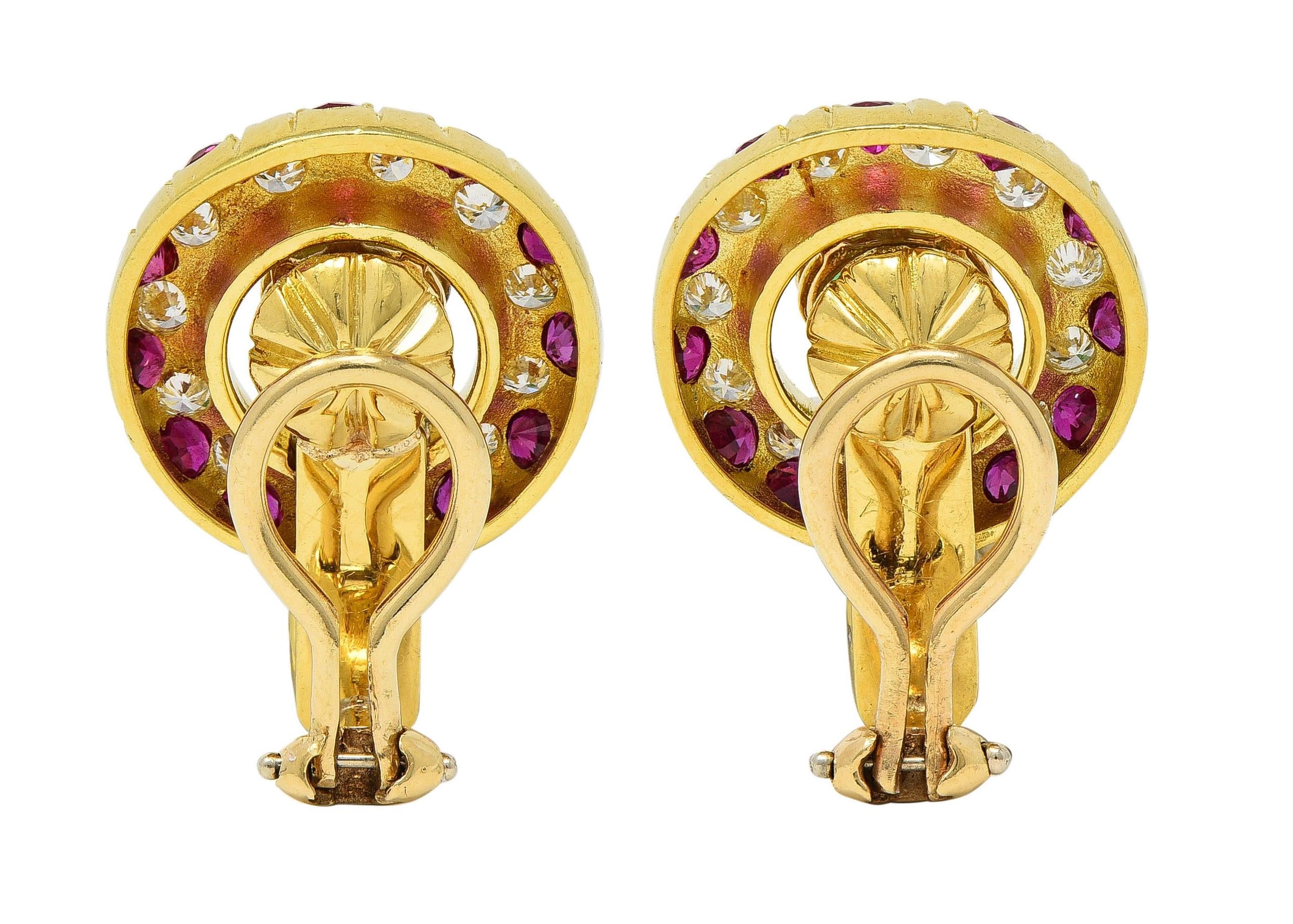 1980's Ruby Emerald Diamond 18K Gold Vintage Door-Knocker Ear-Clip Earrings
