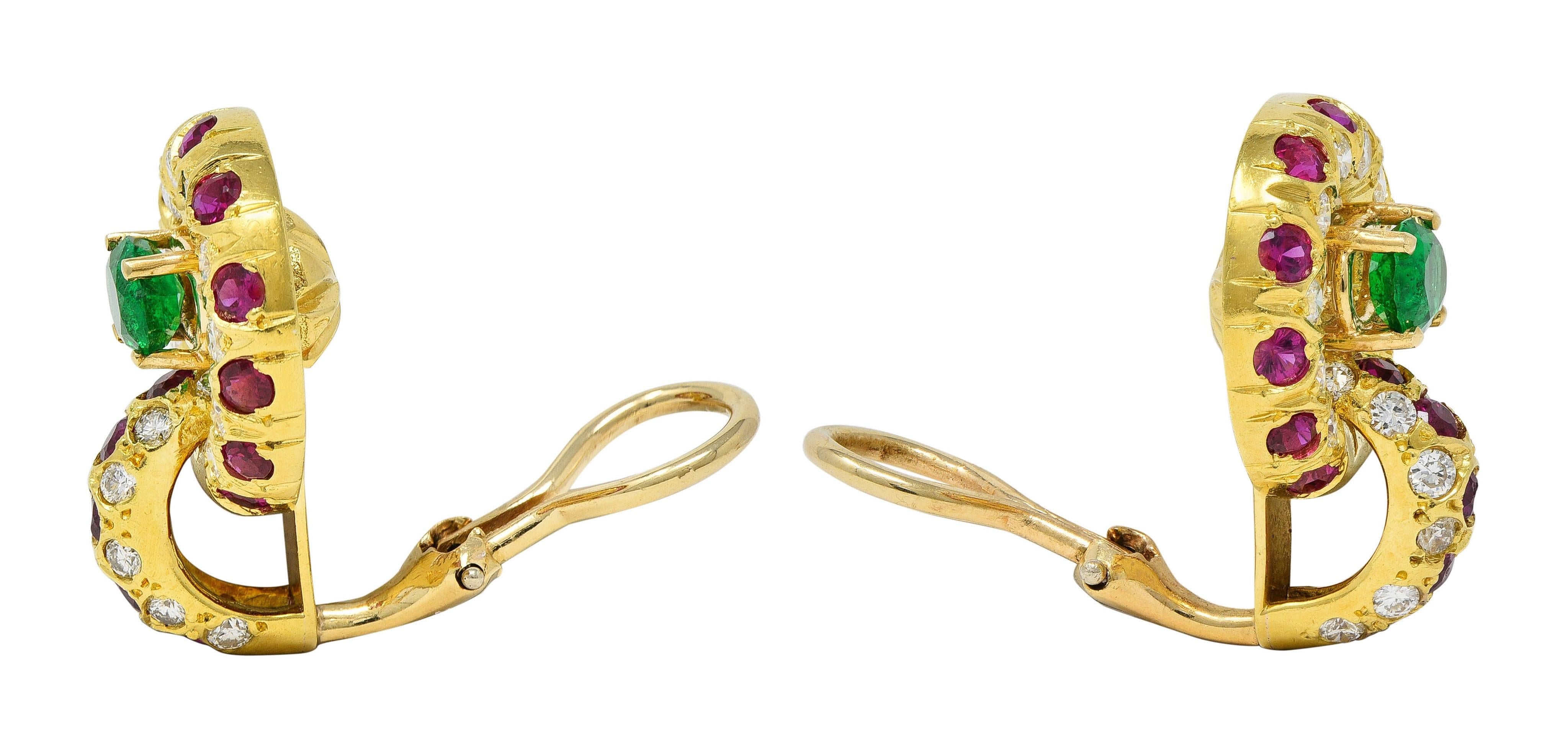 1980's Ruby Emerald Diamond 18K Gold Vintage Door-Knocker Ear-Clip Earrings