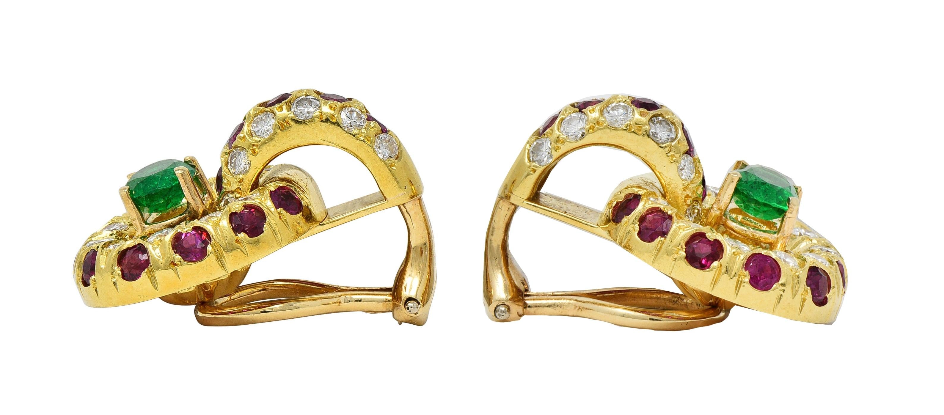 1980's Ruby Emerald Diamond 18K Gold Vintage Door-Knocker Ear-Clip Earrings