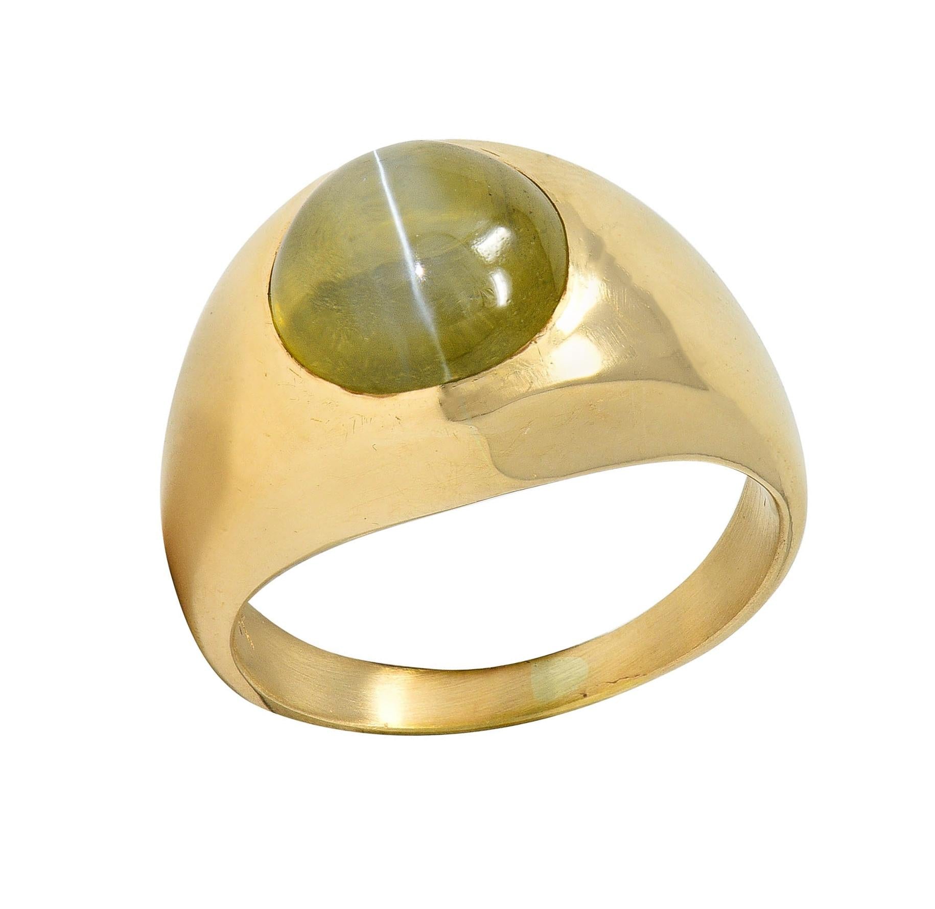1960 Natural Cat's Eye Chrysoberyl 14 Karat Yellow Gold Vintage Signet Ring GIA