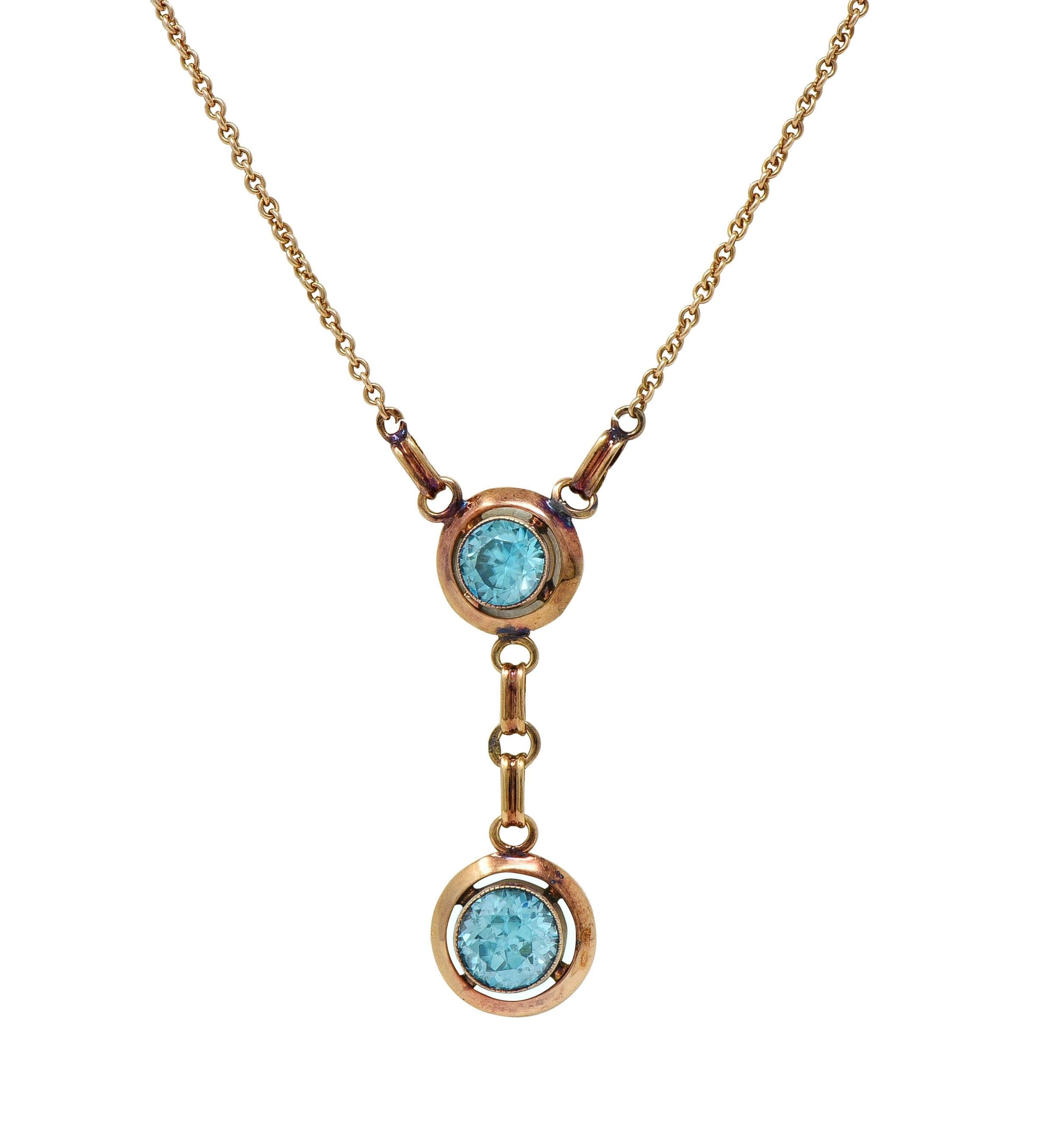 Early Art Deco Blue Zircon 14 Karat Yellow Gold Sartouir Antique Drop Necklace