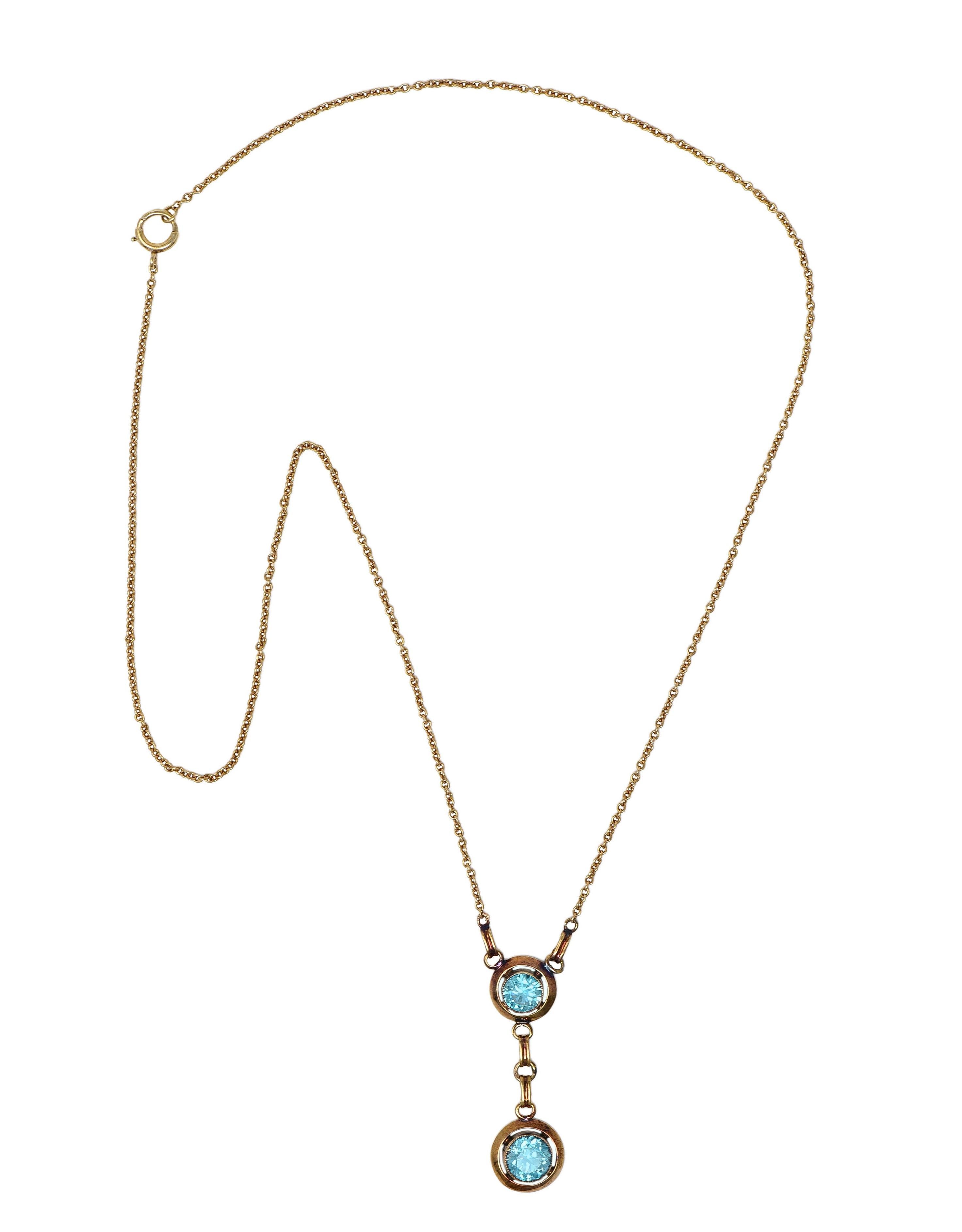 Early Art Deco Blue Zircon 14 Karat Yellow Gold Sartouir Antique Drop Necklace