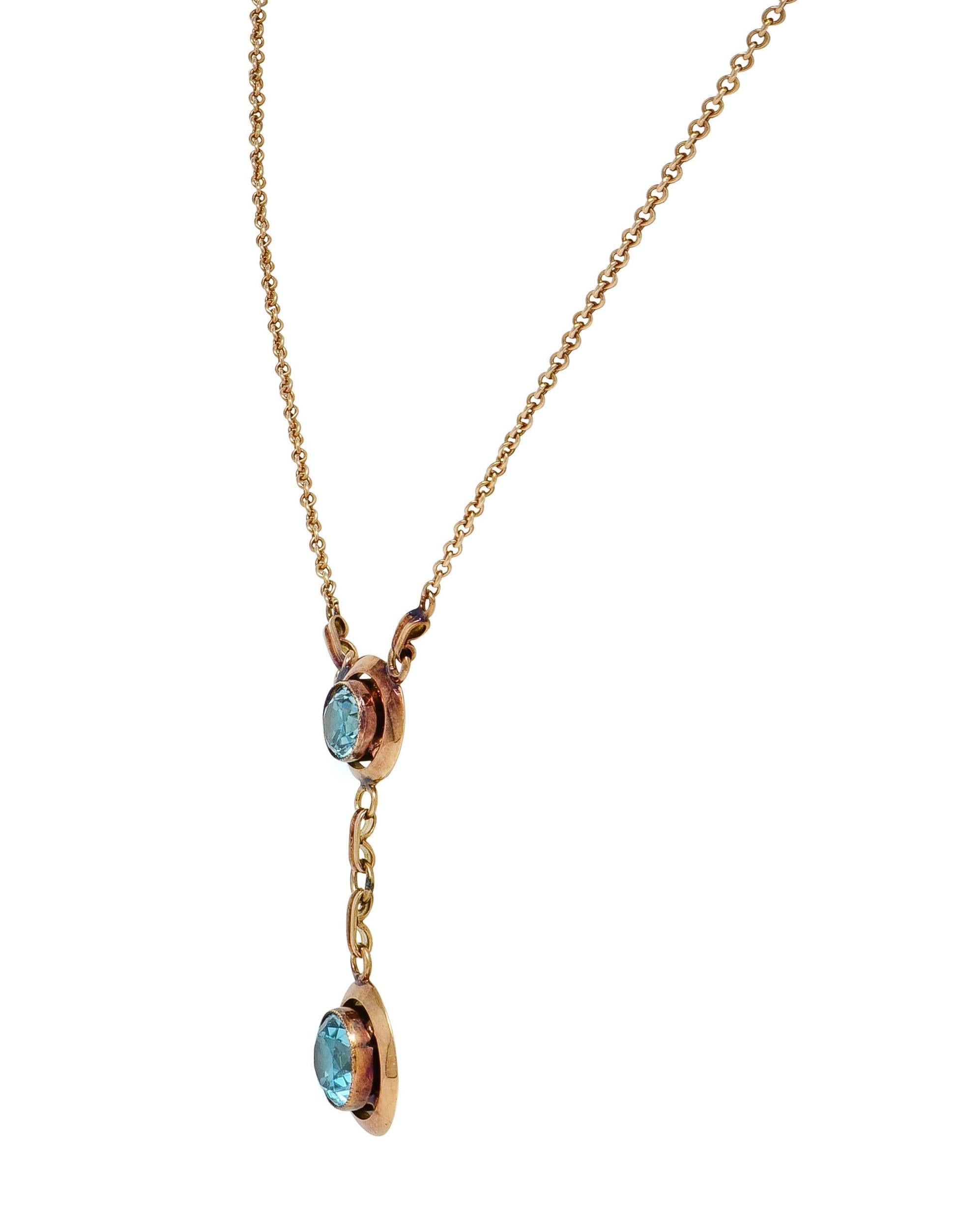 Early Art Deco Blue Zircon 14 Karat Yellow Gold Sartouir Antique Drop Necklace