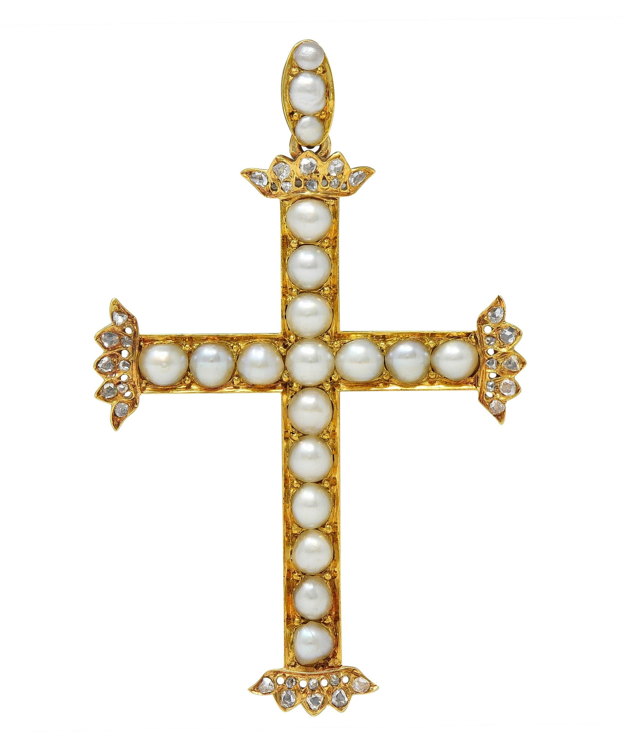 Victorian 1871 Diamond Pearl Antique Portuguese Cross Pendant