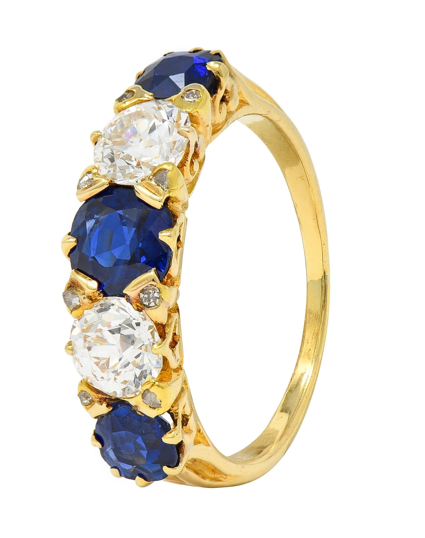 Victorian 3.84 CTW Sapphire Diamond 18 Karat Yellow Gold Antique Spade Band Ring