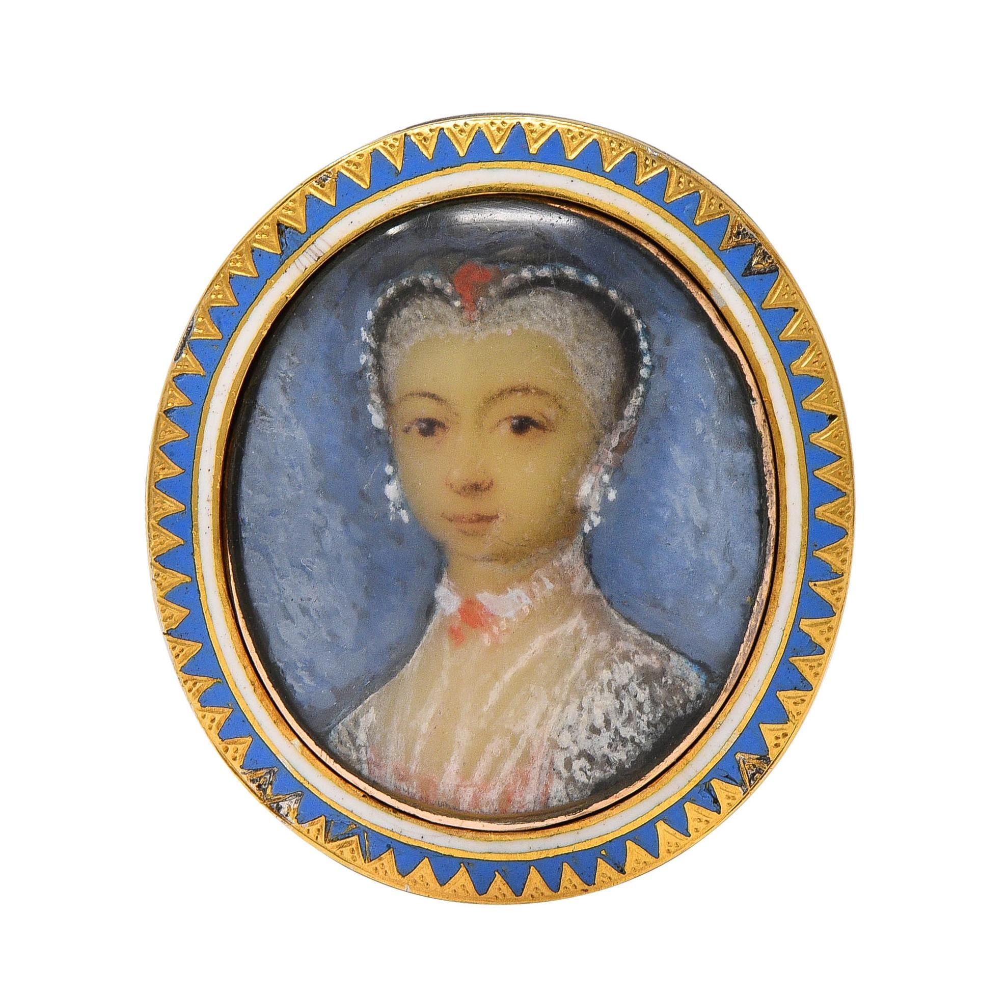 Georgian Enamel 14 Karat Yellow Gold Painted Lady Antique Portrait Signet Ring