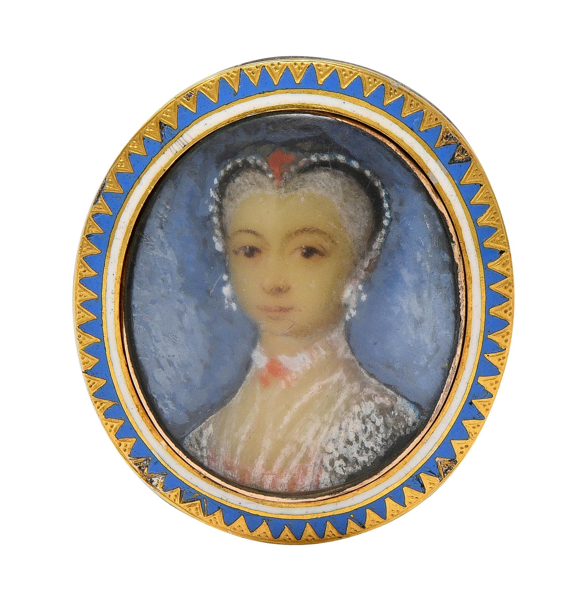 Georgian Enamel 14 Karat Yellow Gold Painted Lady Antique Portrait Signet Ring