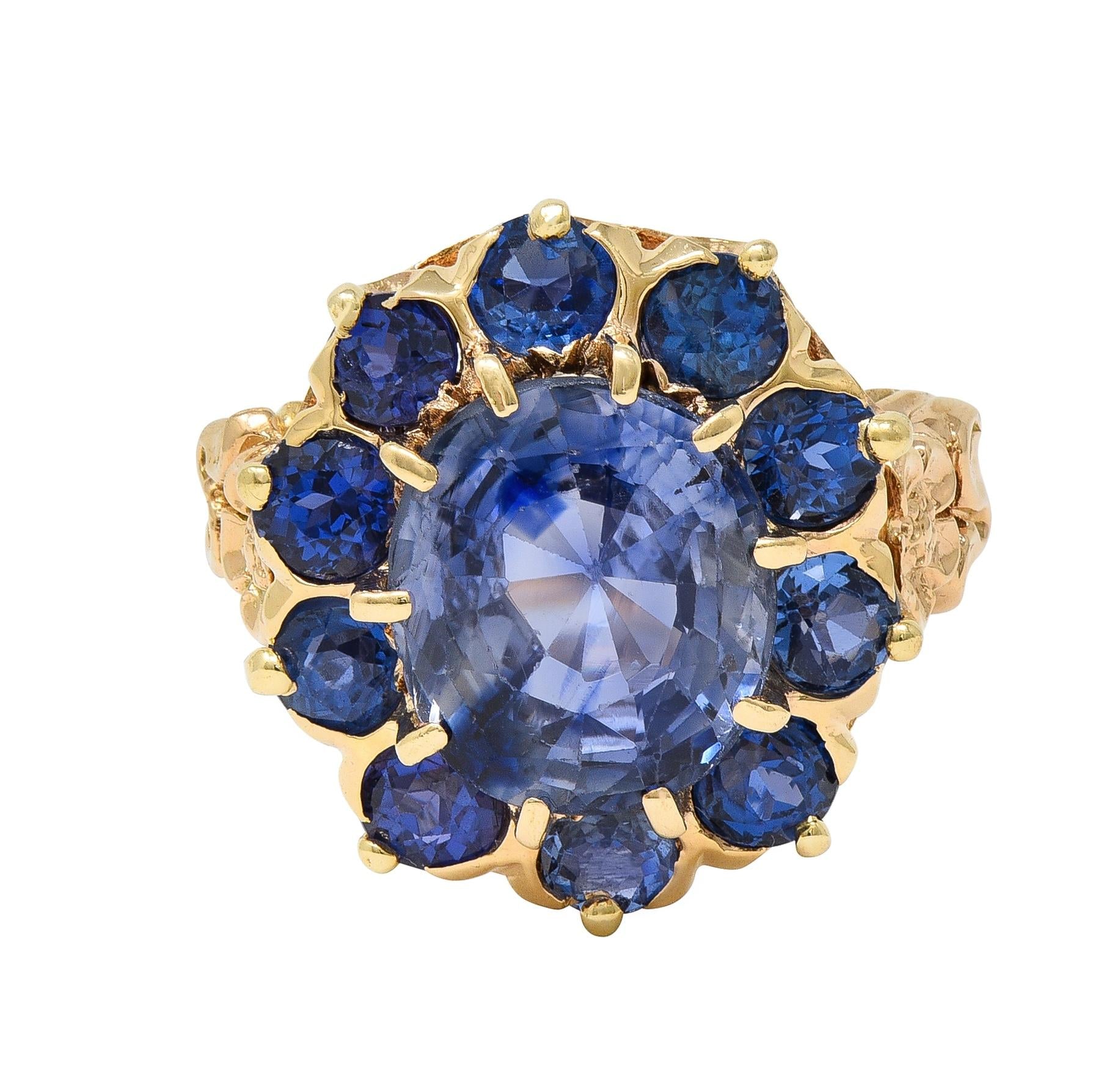 Art Deco 6.80 CTW Sapphire 14 Karat Yellow Gold Antique Halo Ring GIA