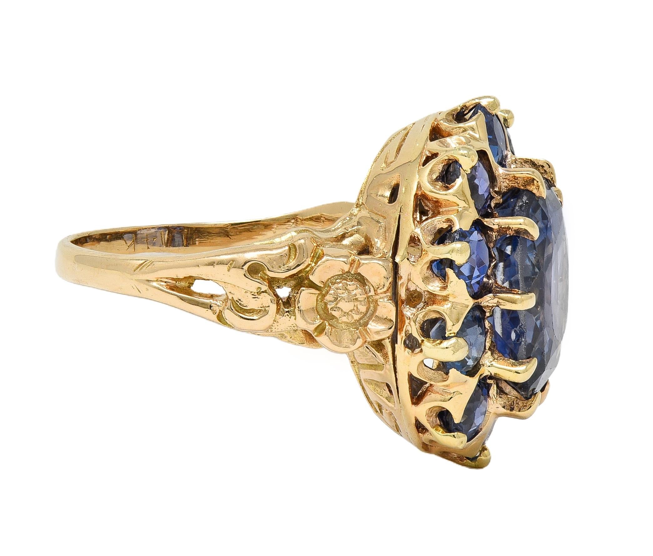 Art Deco 6.80 CTW Sapphire 14 Karat Yellow Gold Antique Halo Ring GIA