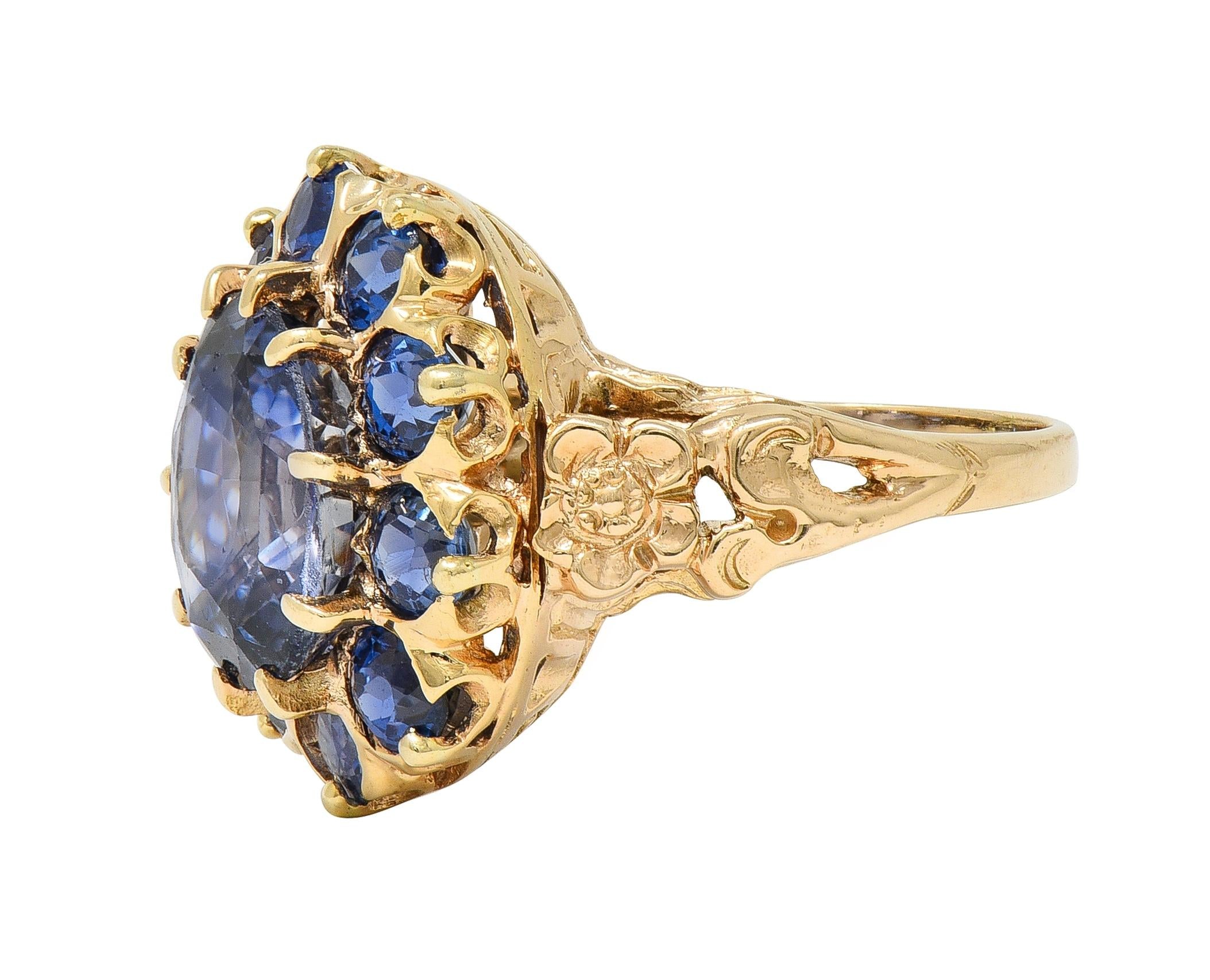 Art Deco 6.80 CTW Sapphire 14 Karat Yellow Gold Antique Halo Ring GIA