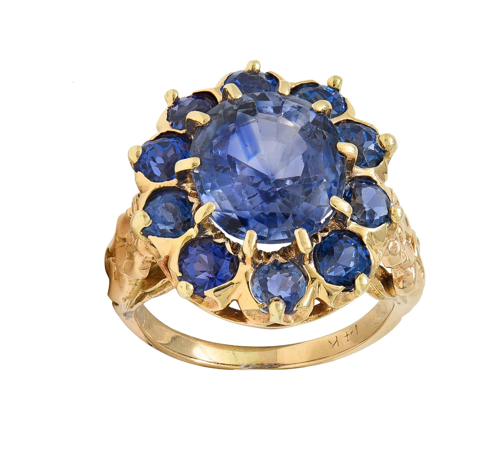Art Deco 6.80 CTW Sapphire 14 Karat Yellow Gold Antique Halo Ring GIA