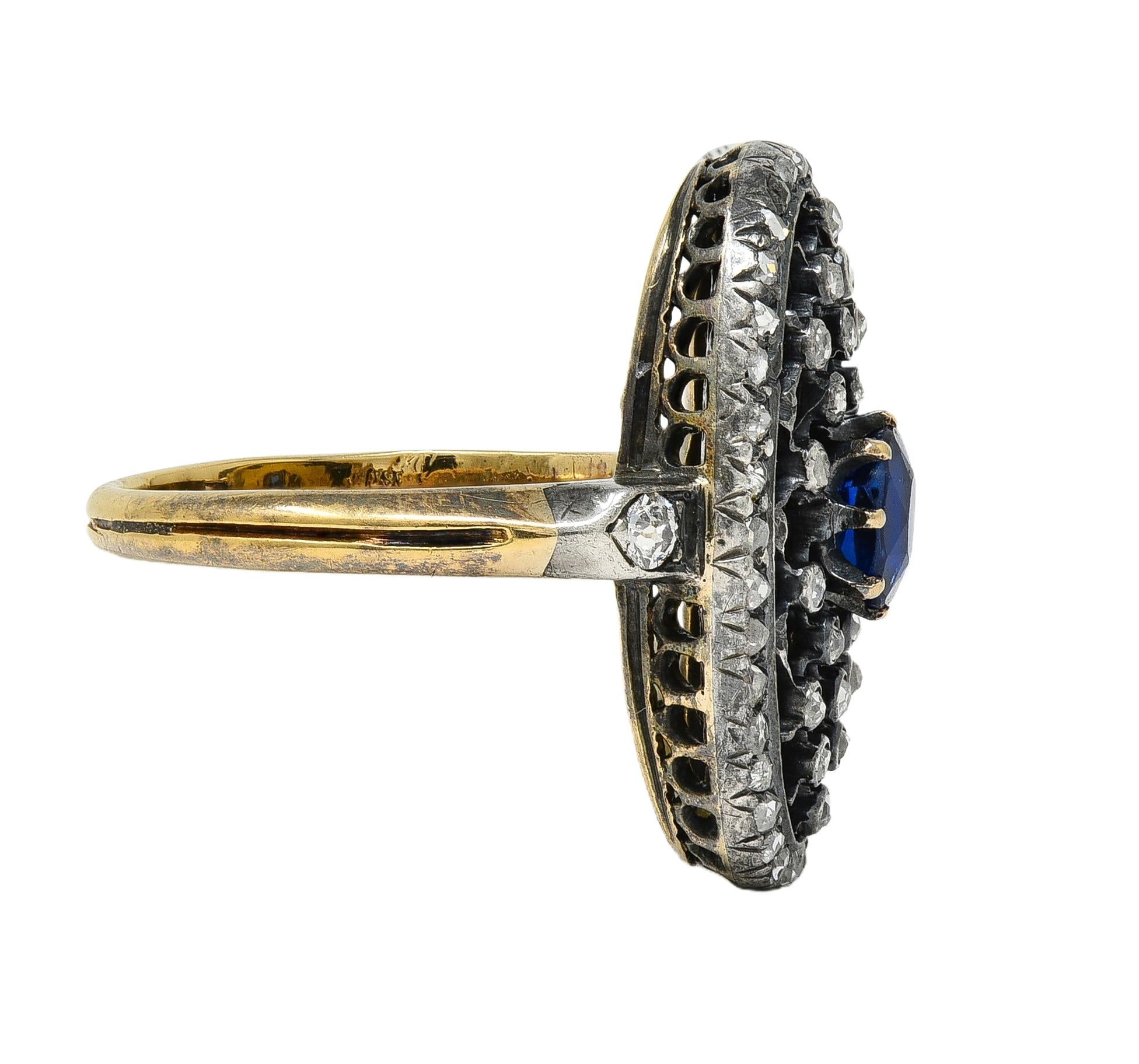 Victorian Sapphire Diamond Enamel Silver 18K Gold Antique Navette Cluster Ring