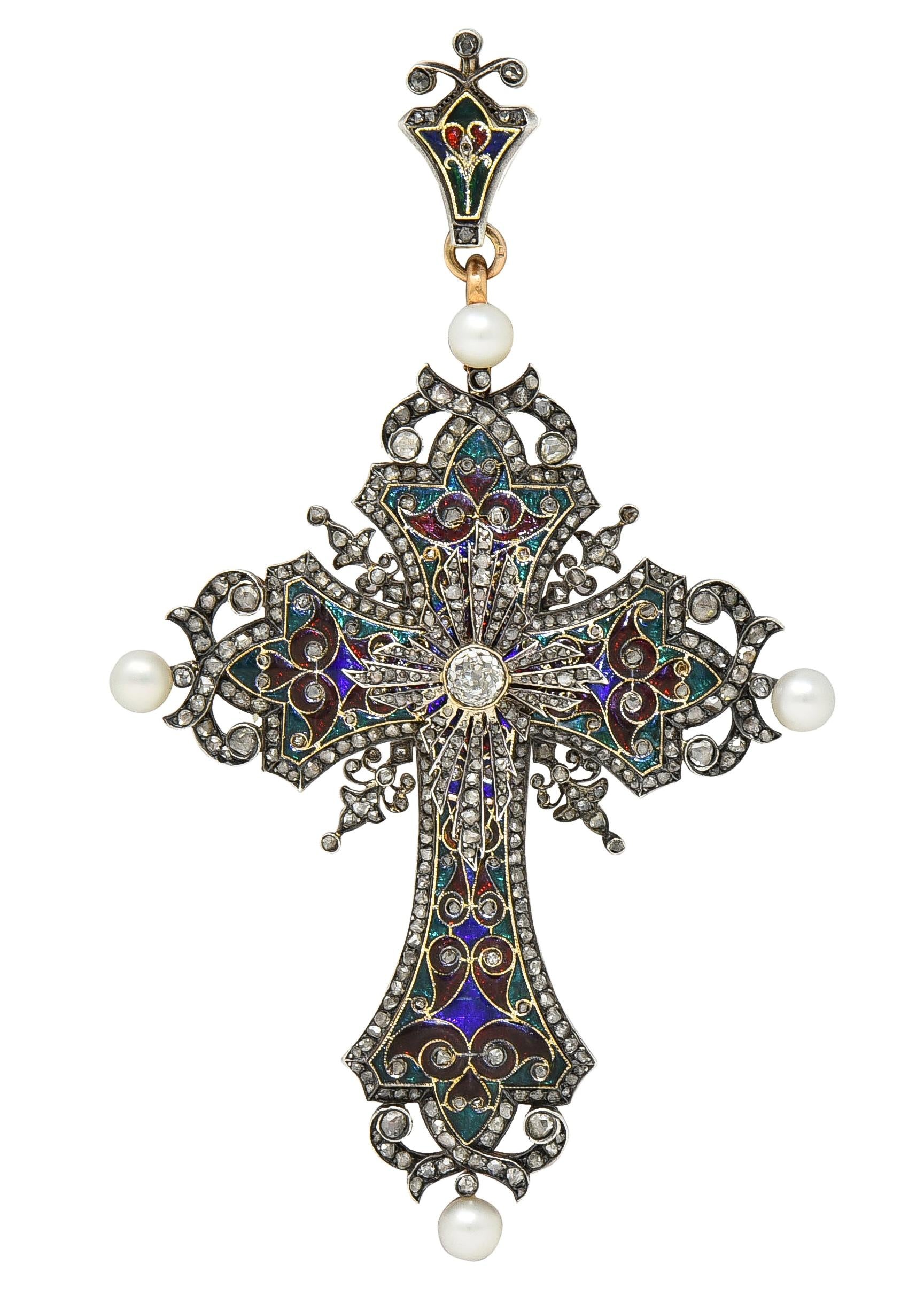 Boucheron Victorian Diamond Enamel Silver 18K Yellow Gold Antique Cross Pendant