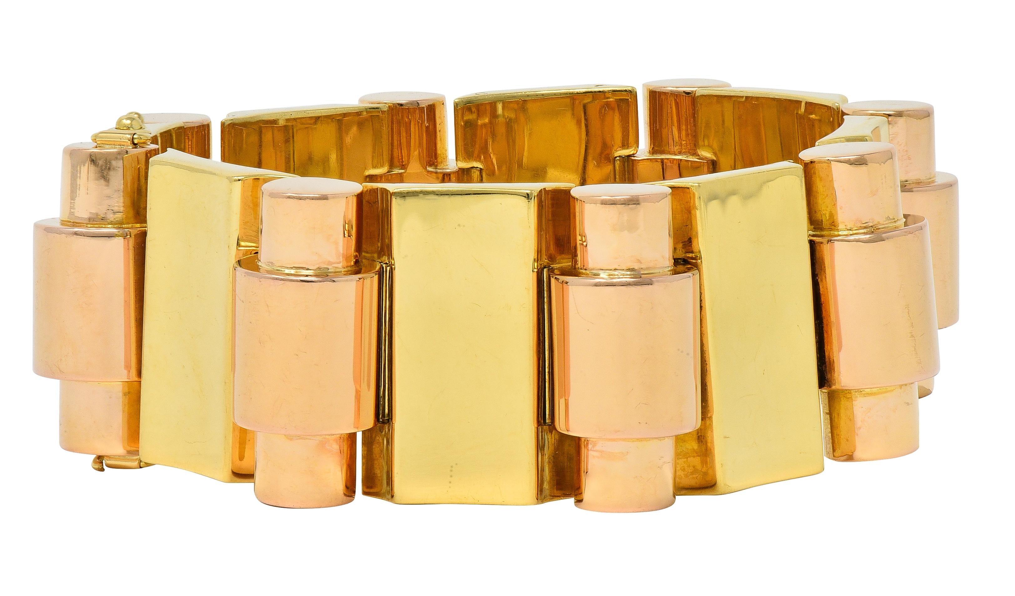 Retro French 18 Karat Two-Tone Yellow Rose Gold Vintage Tank Bracelet