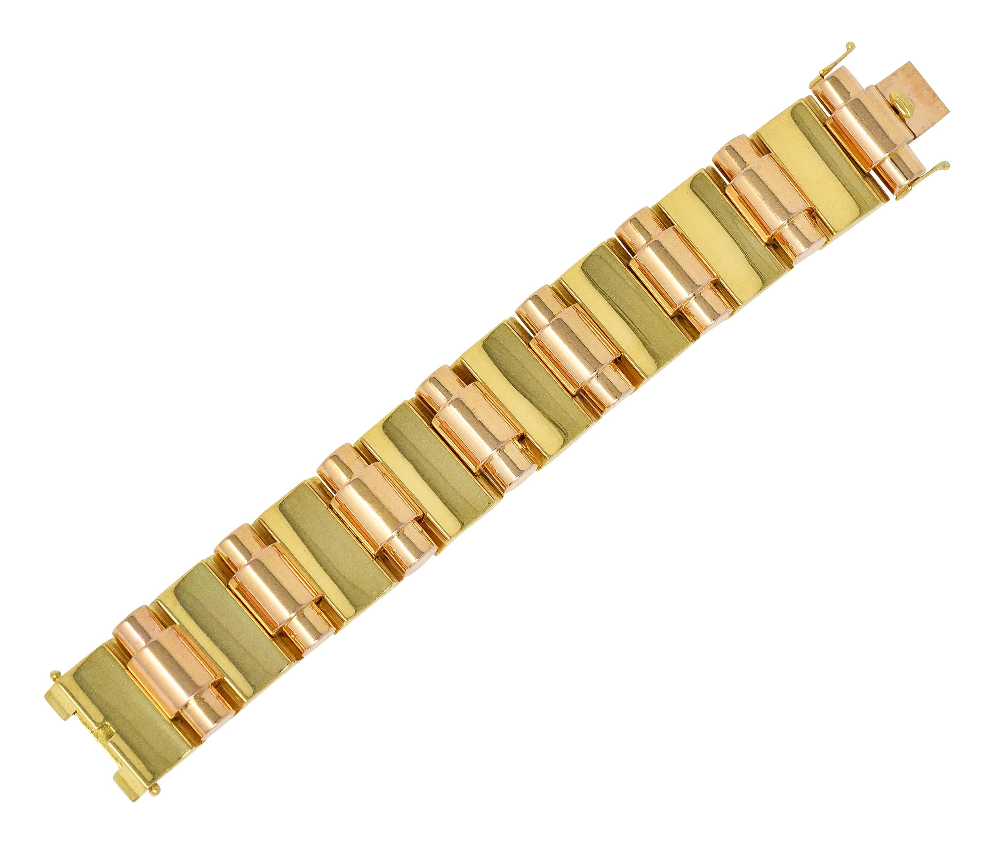 Retro French 18 Karat Two-Tone Yellow Rose Gold Vintage Tank Bracelet