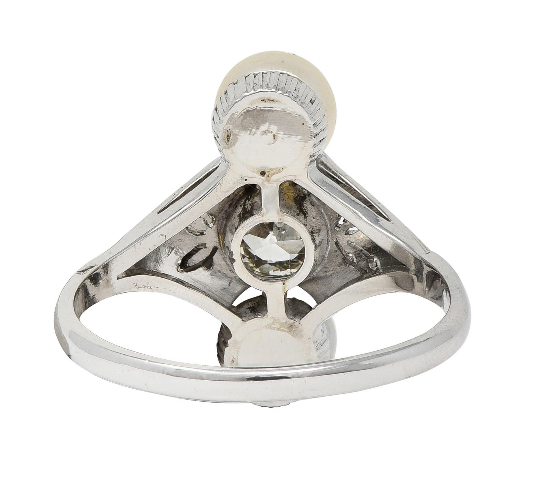 Art Deco Diamond Pearl 14 Karat White Gold Vintage Foliate Navette Dinner Ring