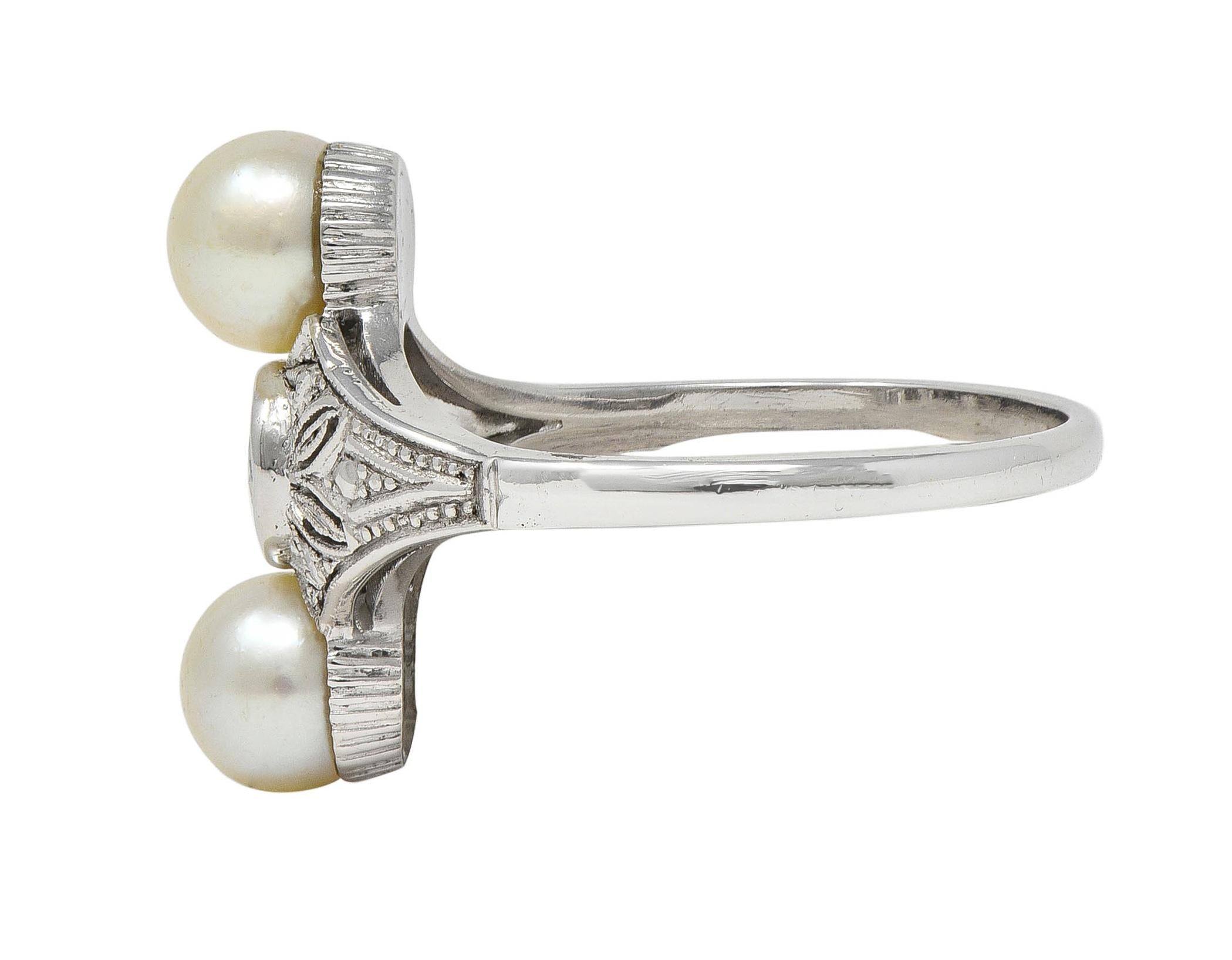 Art Deco Diamond Pearl 14 Karat White Gold Vintage Foliate Navette Dinner Ring