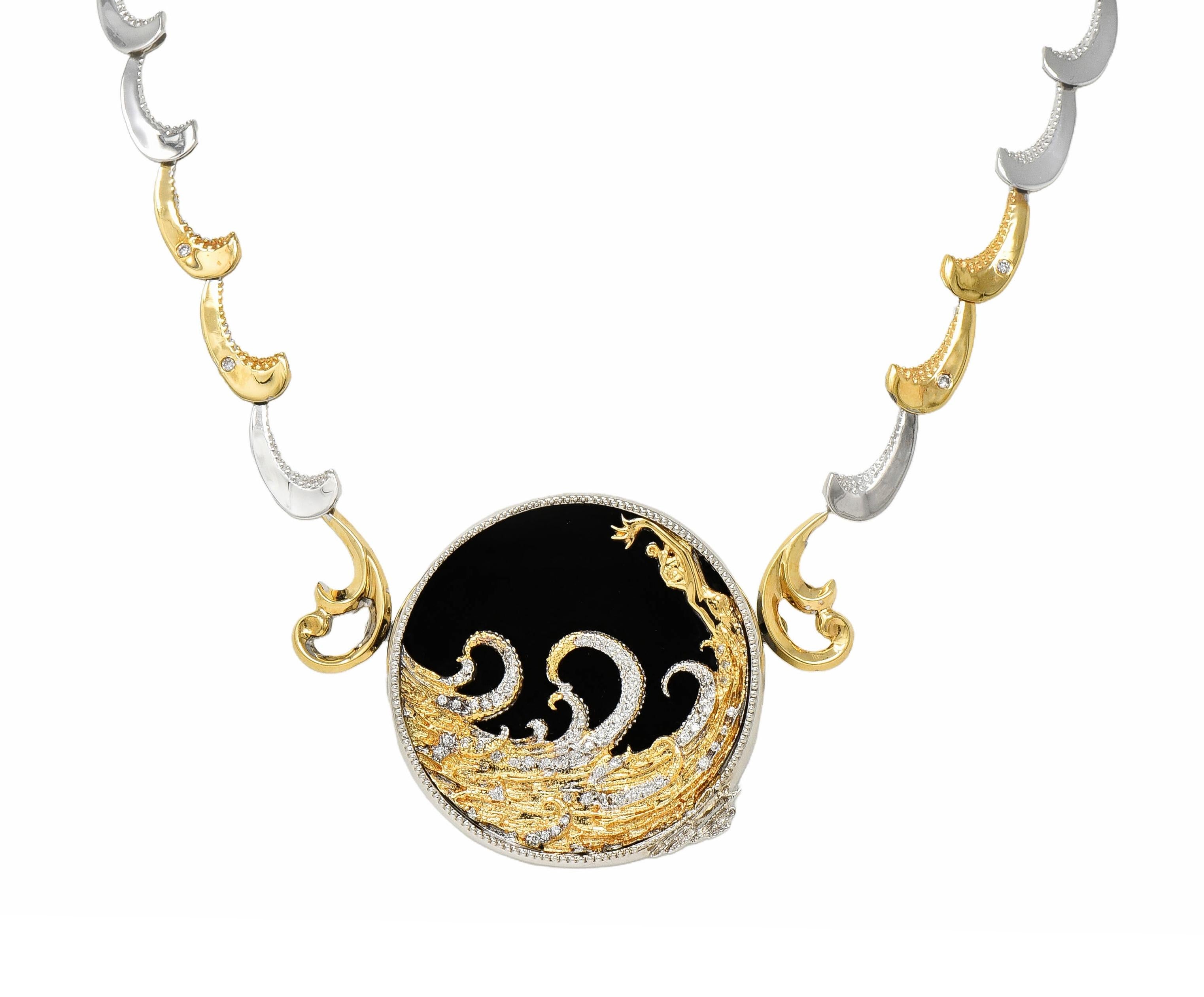 Erte 1980's Diamond Onyx 14 Karat Yellow Gold Silver Aphrodite Brooch Necklace
