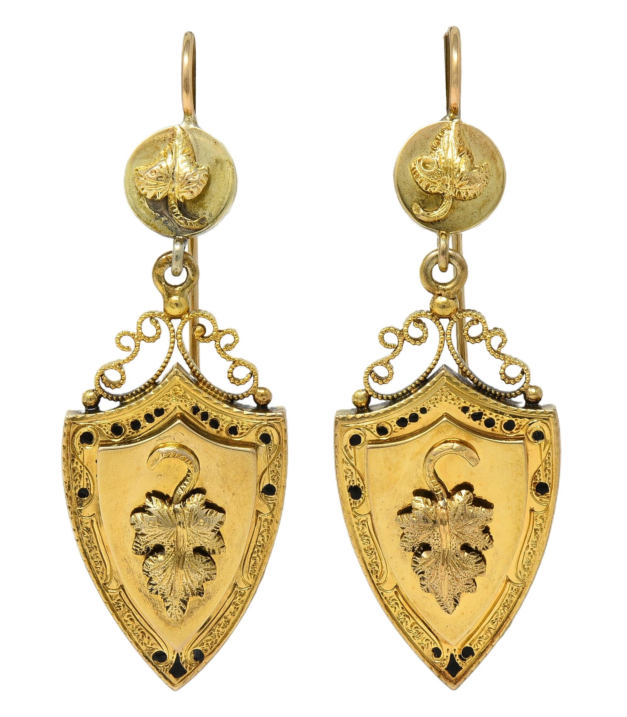 Victorian Etruscan Revival Enamel 14K Yellow Gold Antique Foliate Drop Earrings
