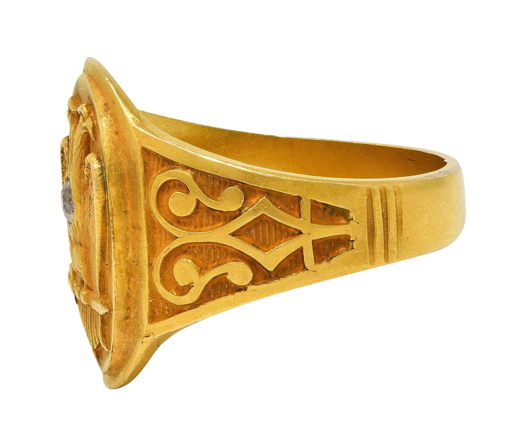 Early Art Deco Diamond 14 Karat Yellow Gold Antique Free Mason Eagle Signet Ring