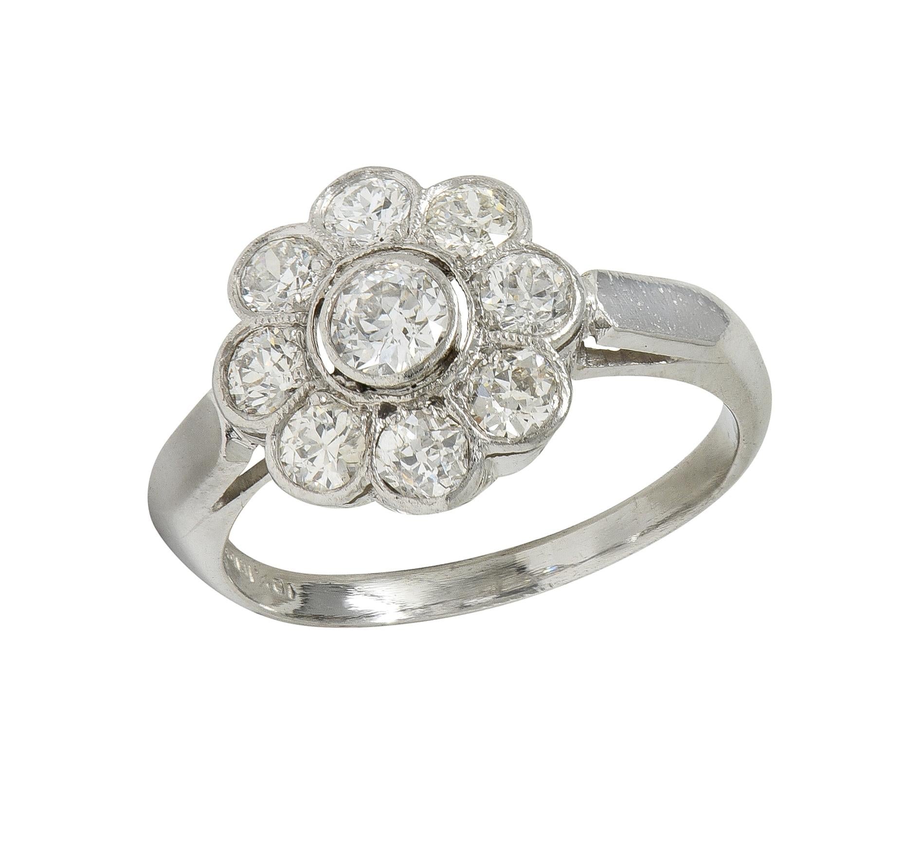 Art Deco 1.02 CTW Old European Diamond Platinum Vintage Cluster Engagement Ring