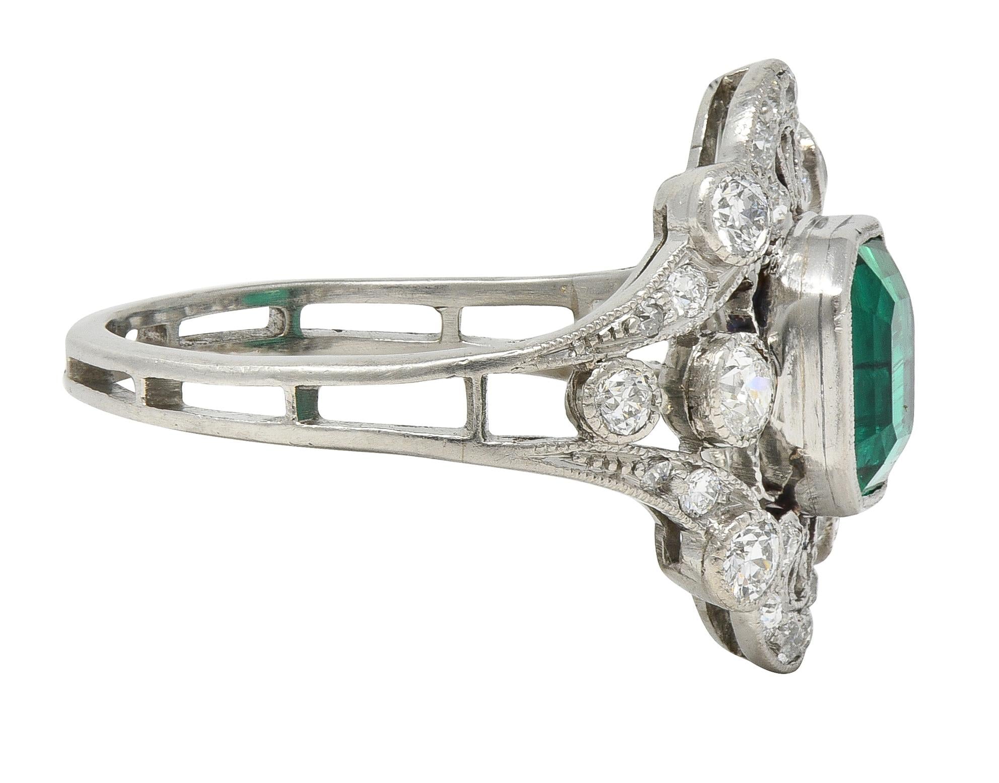 Early Art Deco Colombian Emerald Diamond Platinum Antique Cluster Ring