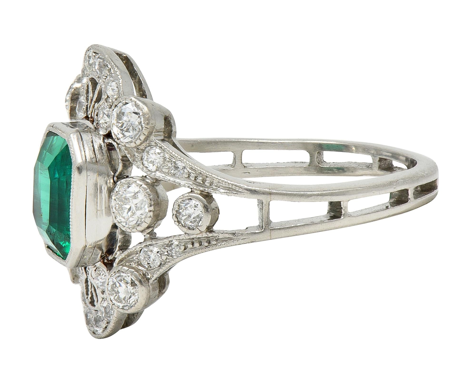 Early Art Deco Colombian Emerald Diamond Platinum Antique Cluster Ring