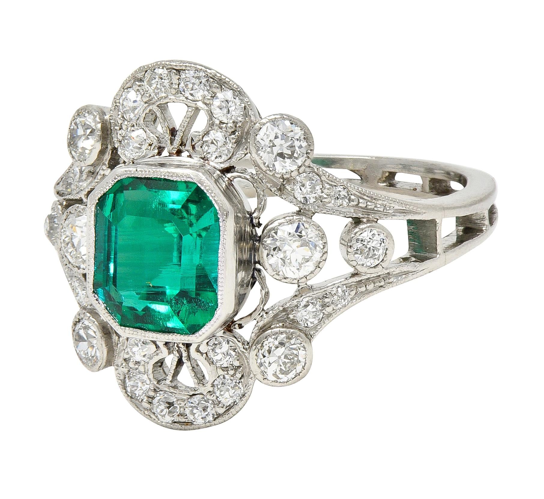 Early Art Deco Colombian Emerald Diamond Platinum Antique Cluster Ring
