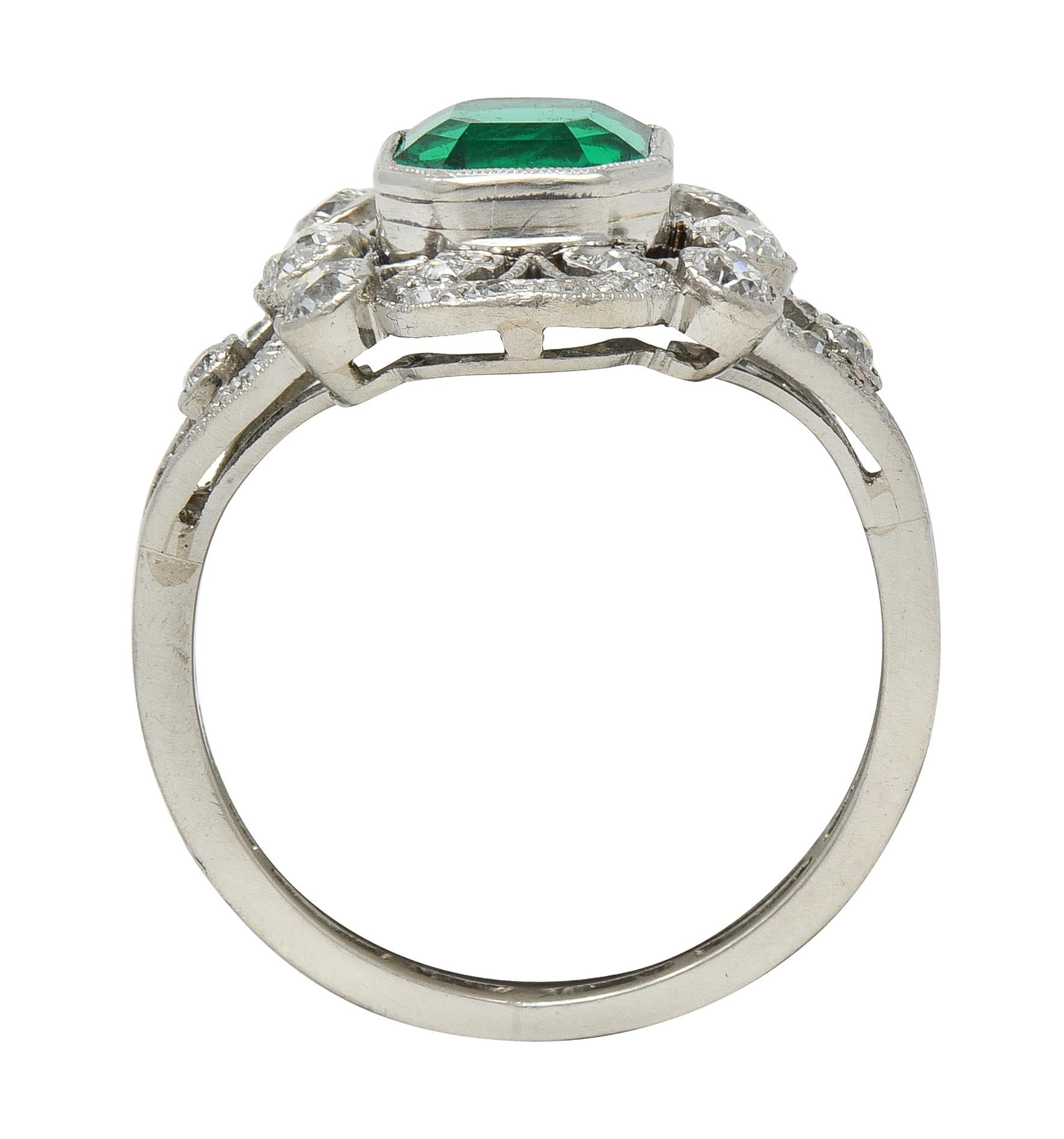 Early Art Deco Colombian Emerald Diamond Platinum Antique Cluster Ring
