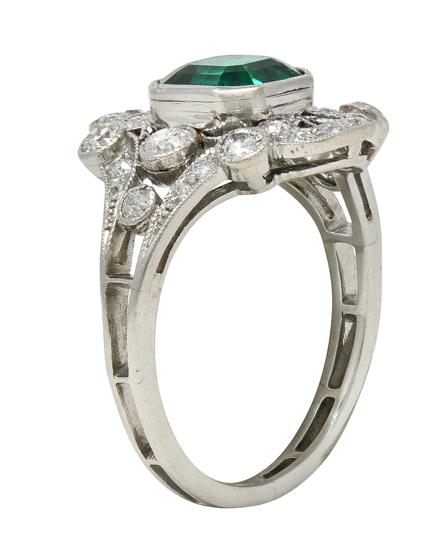 Early Art Deco Colombian Emerald Diamond Platinum Antique Cluster Ring